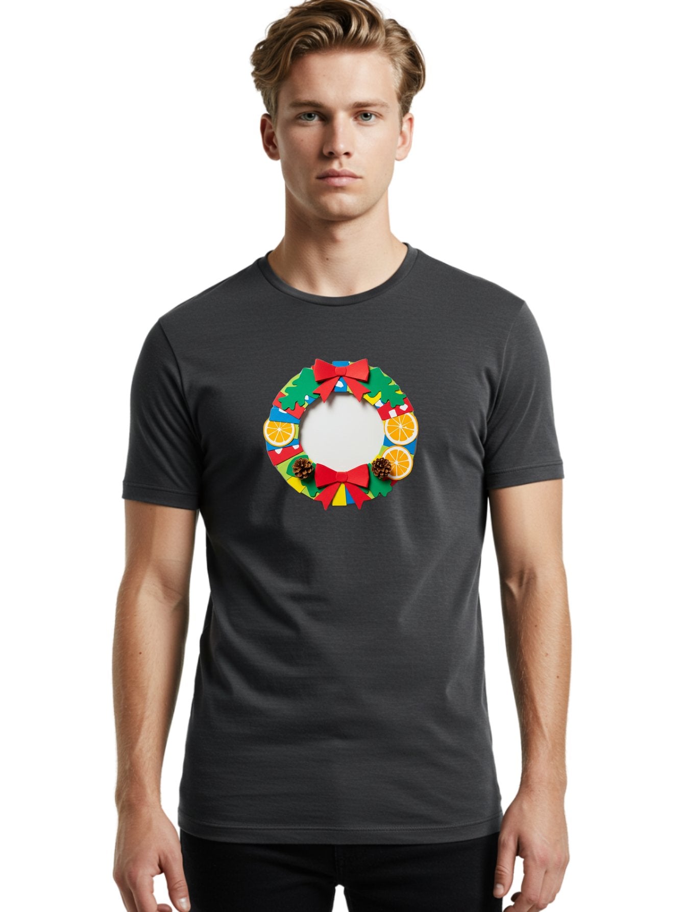 Christmas-Wreath-4 Men'S Graphic Tee, 100% Cotton, Comfortable Casual Summer Wear, Machine Washable, Colorful Christmas Wreath, Festive Decorations, Red Bows, Pine Cones, Orange Slices, Holiday Decor, Seasonal Decor, Christmas Decorations, Bab757 27