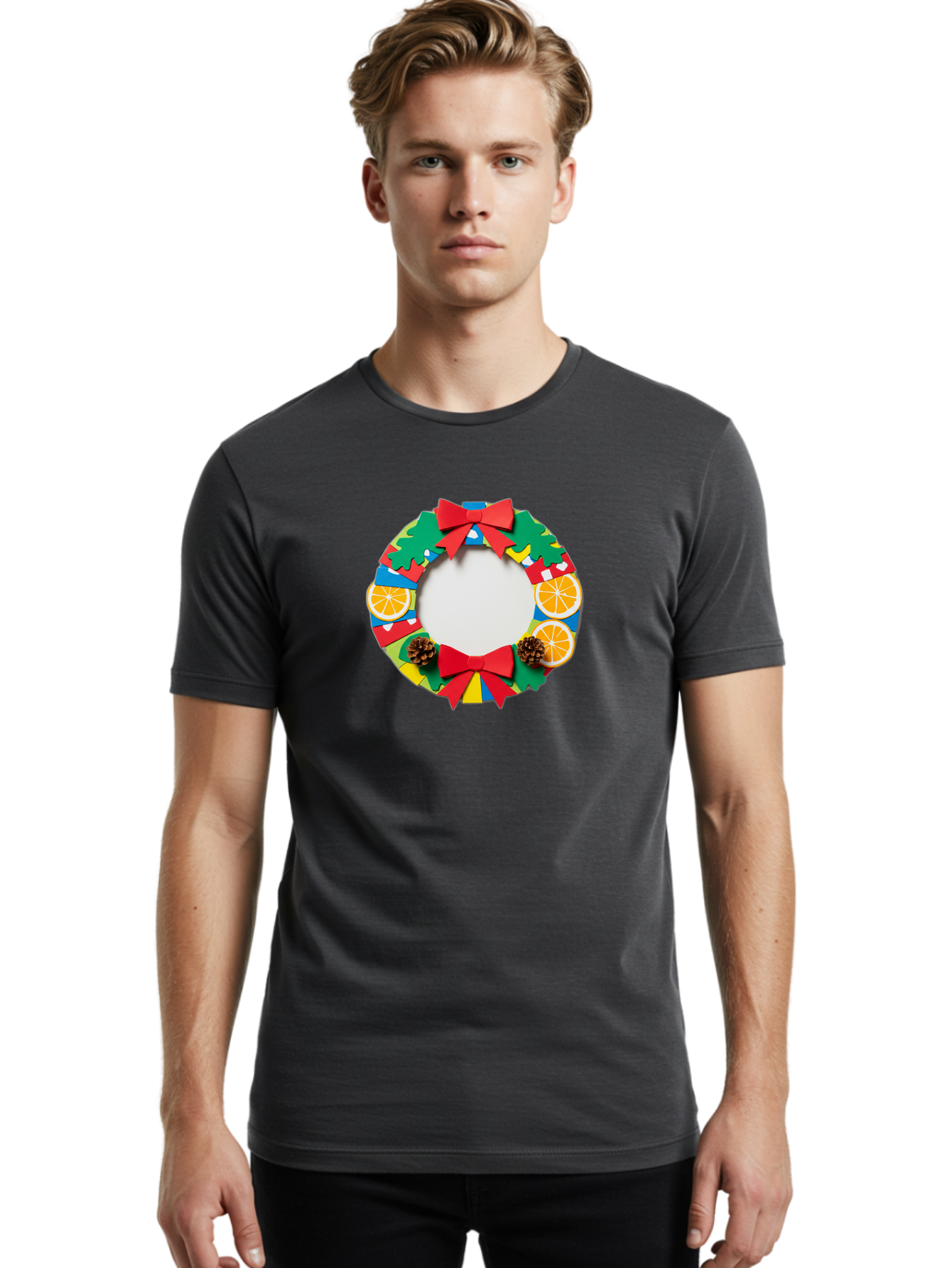 Christmas-Wreath-4 Men'S Graphic Tee, 100% Cotton, Comfortable Casual Summer Wear, Machine Washable, Colorful Christmas Wreath, Festive Decorations, Red Bows, Pine Cones, Orange Slices, Holiday Decor, Seasonal Decor, Christmas Decorations, Bab757 19