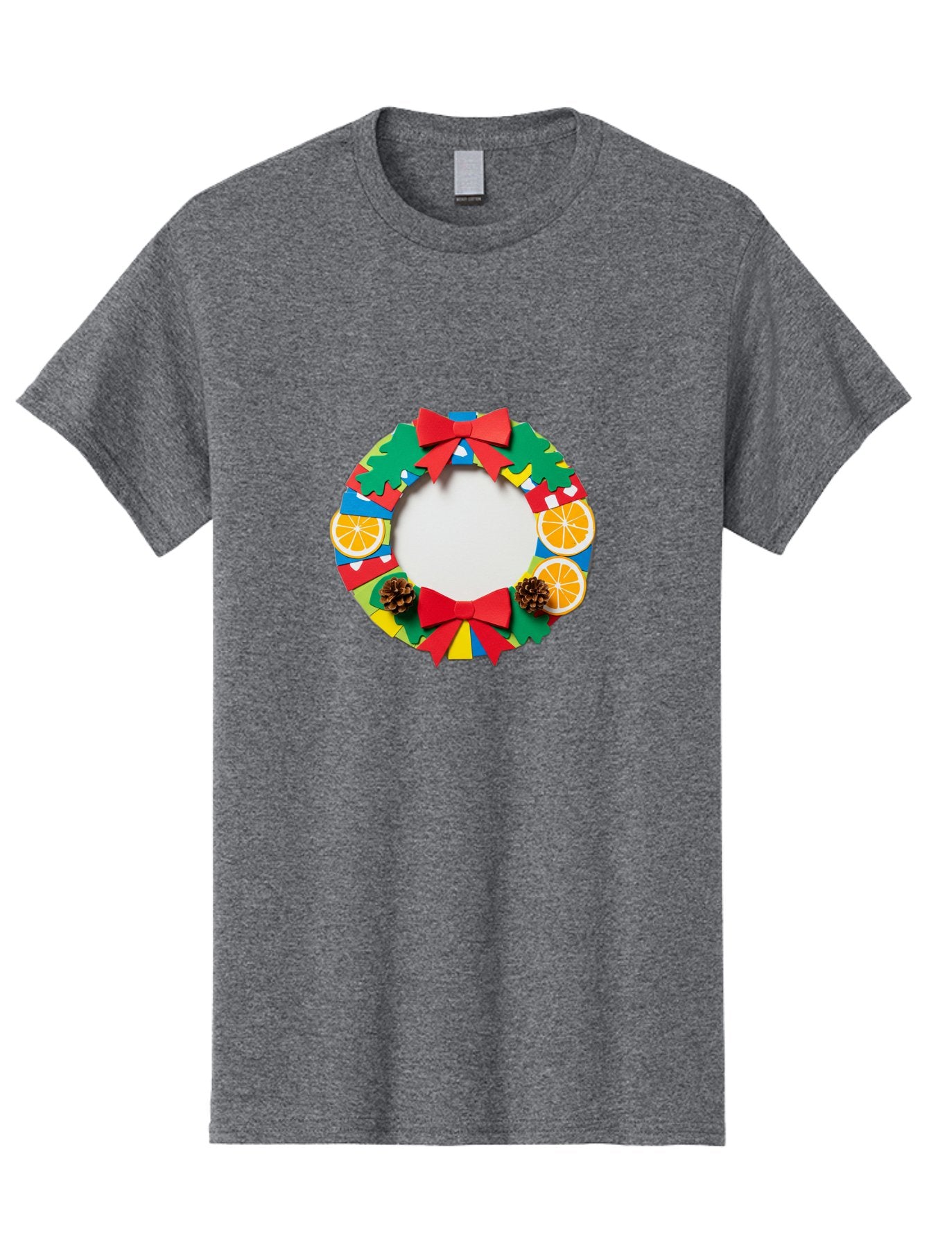 Christmas-Wreath-4 Men'S Graphic Tee, 100% Cotton, Comfortable Casual Summer Wear, Machine Washable, Colorful Christmas Wreath, Festive Decorations, Red Bows, Pine Cones, Orange Slices, Holiday Decor, Seasonal Decor, Christmas Decorations, Bab757 15