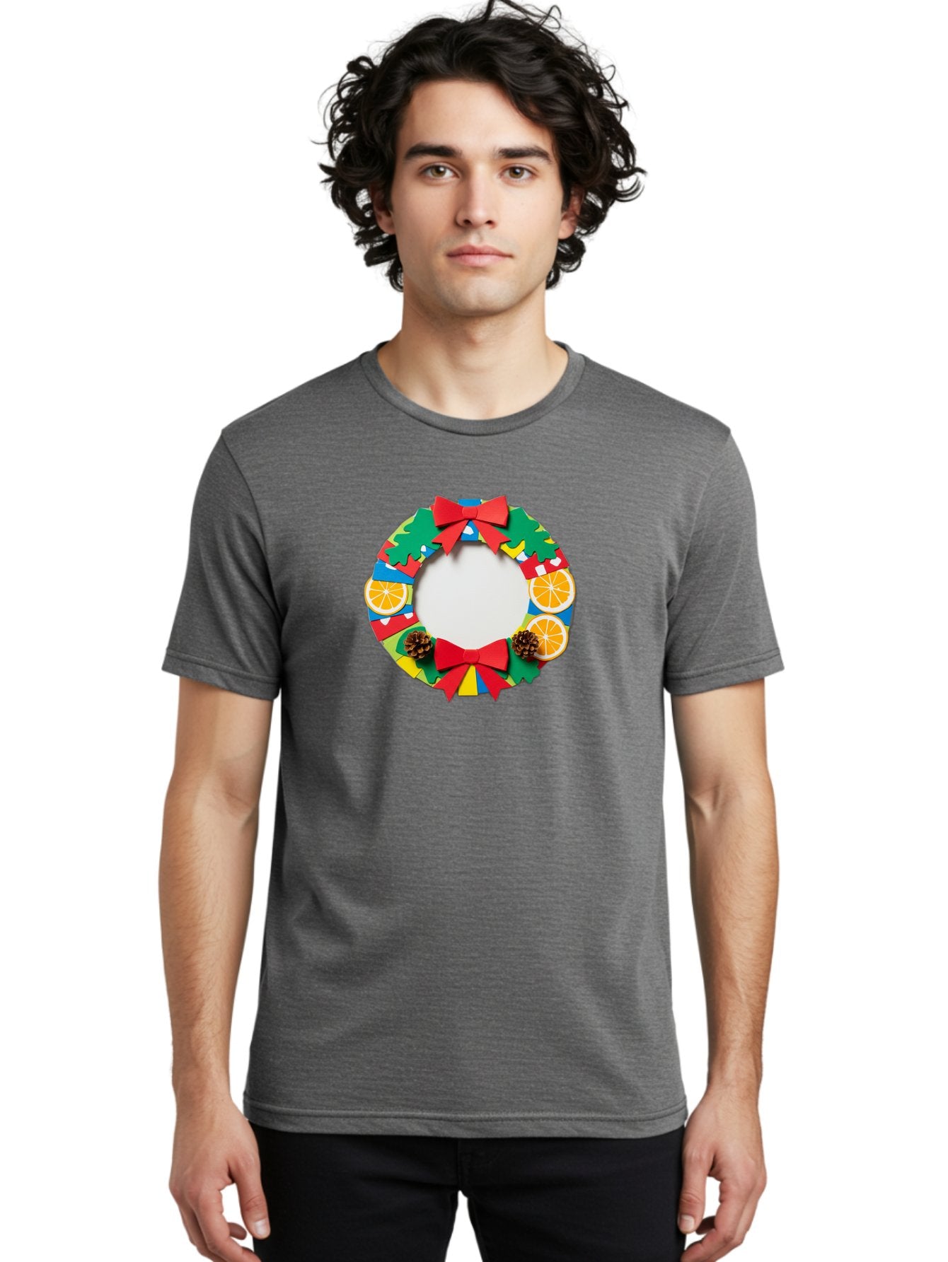 Christmas-Wreath-4 Men'S Graphic Tee, 100% Cotton, Comfortable Casual Summer Wear, Machine Washable, Colorful Christmas Wreath, Festive Decorations, Red Bows, Pine Cones, Orange Slices, Holiday Decor, Seasonal Decor, Christmas Decorations, Bab757 30