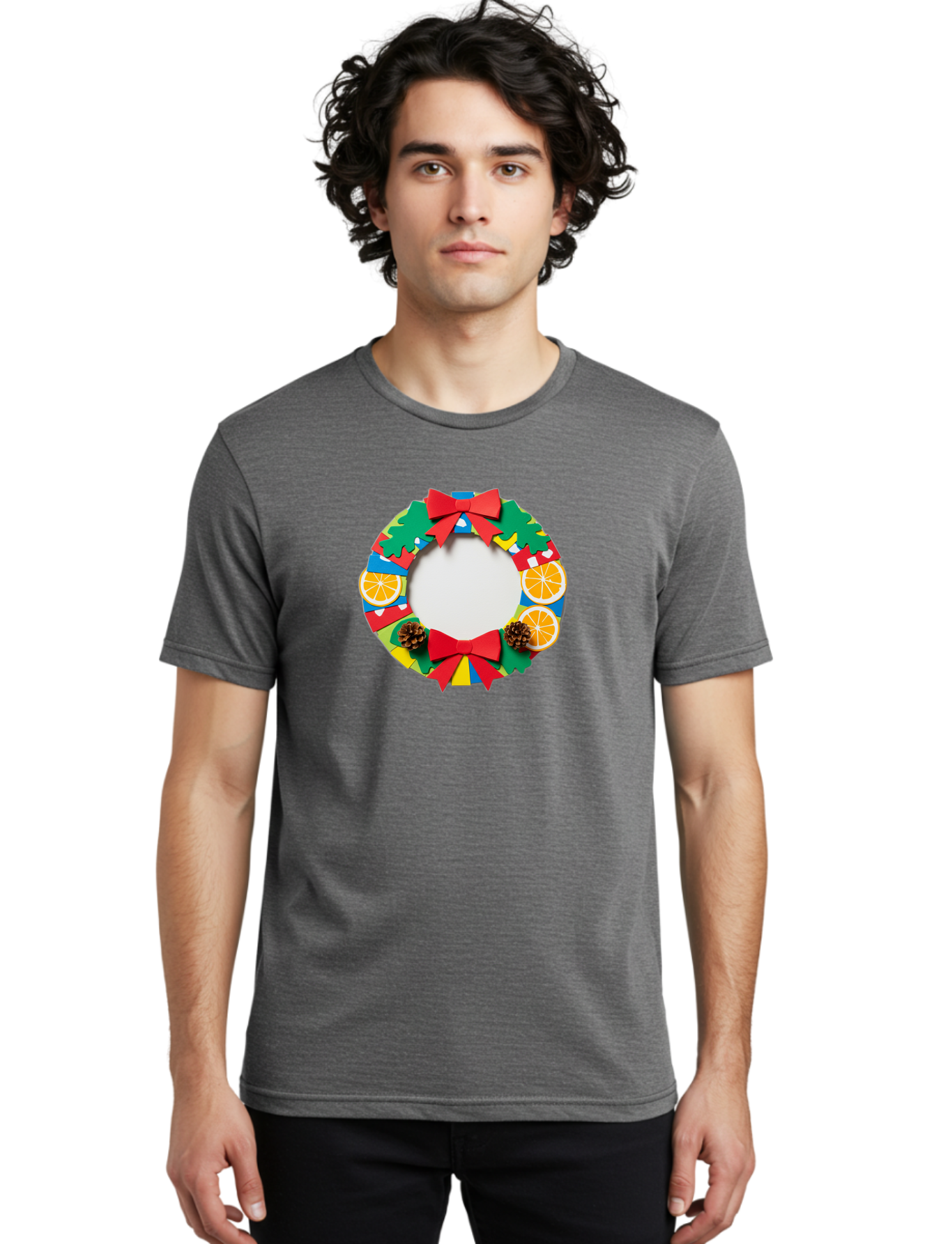 Christmas-Wreath-4 Men'S Graphic Tee, 100% Cotton, Comfortable Casual Summer Wear, Machine Washable, Colorful Christmas Wreath, Festive Decorations, Red Bows, Pine Cones, Orange Slices, Holiday Decor, Seasonal Decor, Christmas Decorations, Bab757 16
