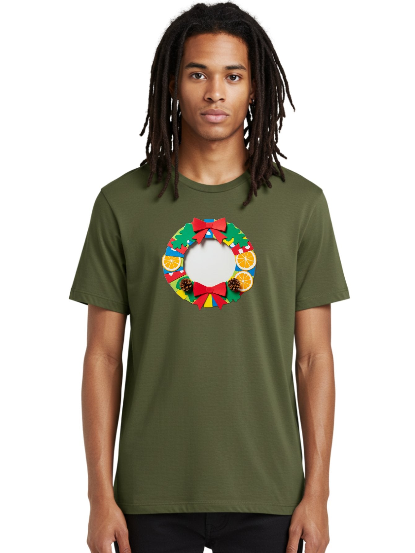 Christmas-Wreath-4 Men'S Graphic Tee, 100% Cotton, Comfortable Casual Summer Wear, Machine Washable, Colorful Christmas Wreath, Festive Decorations, Red Bows, Pine Cones, Orange Slices, Holiday Decor, Seasonal Decor, Christmas Decorations, Bab757 22