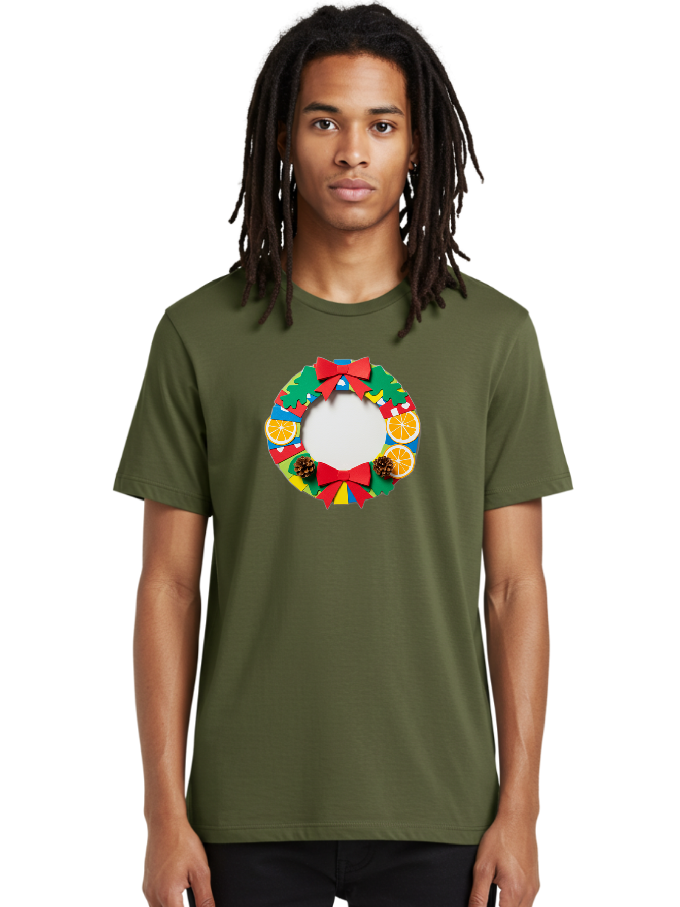 Christmas-Wreath-4 Men'S Graphic Tee, 100% Cotton, Comfortable Casual Summer Wear, Machine Washable, Colorful Christmas Wreath, Festive Decorations, Red Bows, Pine Cones, Orange Slices, Holiday Decor, Seasonal Decor, Christmas Decorations, Bab757 24