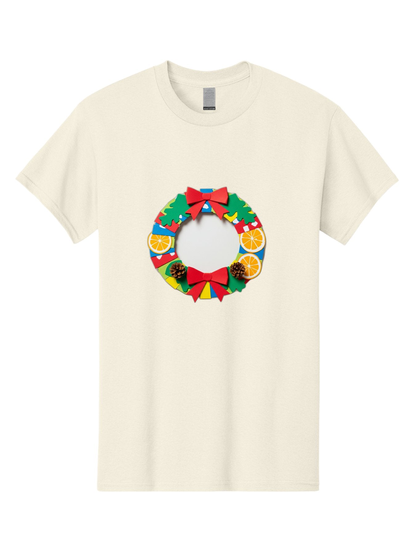 Christmas-Wreath-4 Men'S Graphic Tee, 100% Cotton, Comfortable Casual Summer Wear, Machine Washable, Colorful Christmas Wreath, Festive Decorations, Red Bows, Pine Cones, Orange Slices, Holiday Decor, Seasonal Decor, Christmas Decorations, Bab757