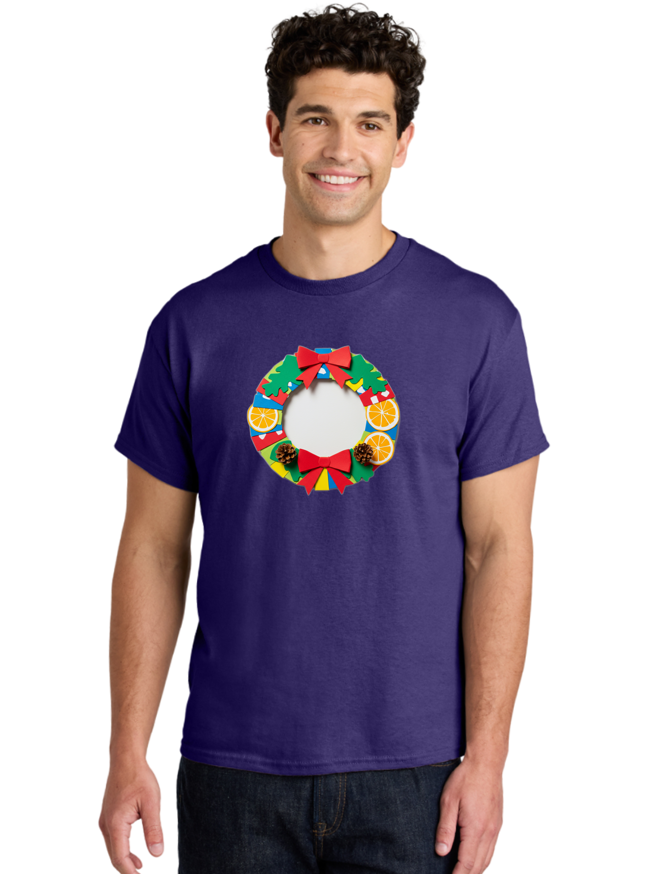 Christmas-Wreath-4 Men'S Graphic Tee, 100% Cotton, Comfortable Casual Summer Wear, Machine Washable, Colorful Christmas Wreath, Festive Decorations, Red Bows, Pine Cones, Orange Slices, Holiday Decor, Seasonal Decor, Christmas Decorations, Bab757 22