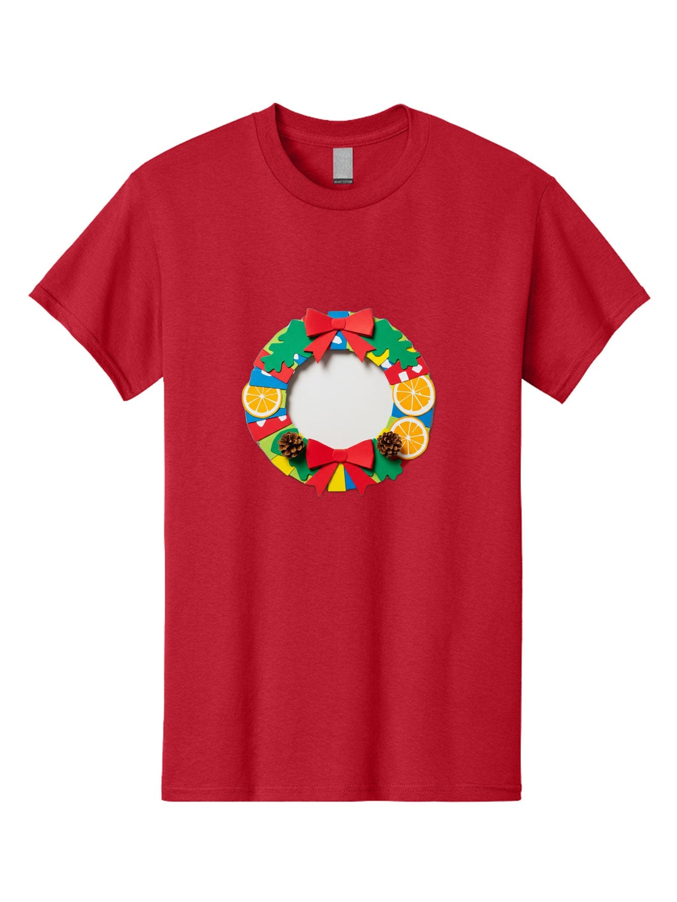 Christmas-Wreath-4 Men'S Graphic Tee, 100% Cotton, Comfortable Casual Summer Wear, Machine Washable, Colorful Christmas Wreath, Festive Decorations, Red Bows, Pine Cones, Orange Slices, Holiday Decor, Seasonal Decor, Christmas Decorations, Bab757 13