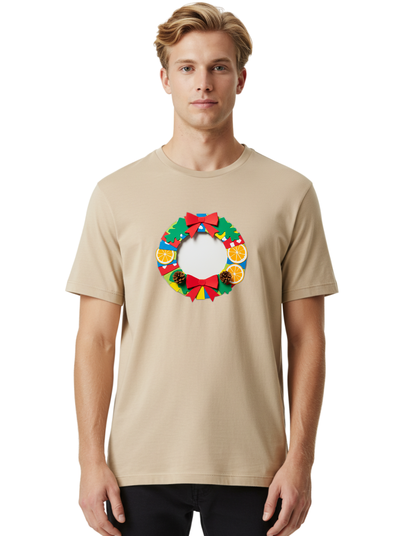 Christmas-Wreath-4 Men'S Graphic Tee, 100% Cotton, Comfortable Casual Summer Wear, Machine Washable, Colorful Christmas Wreath, Festive Decorations, Red Bows, Pine Cones, Orange Slices, Holiday Decor, Seasonal Decor, Christmas Decorations, Bab757 21
