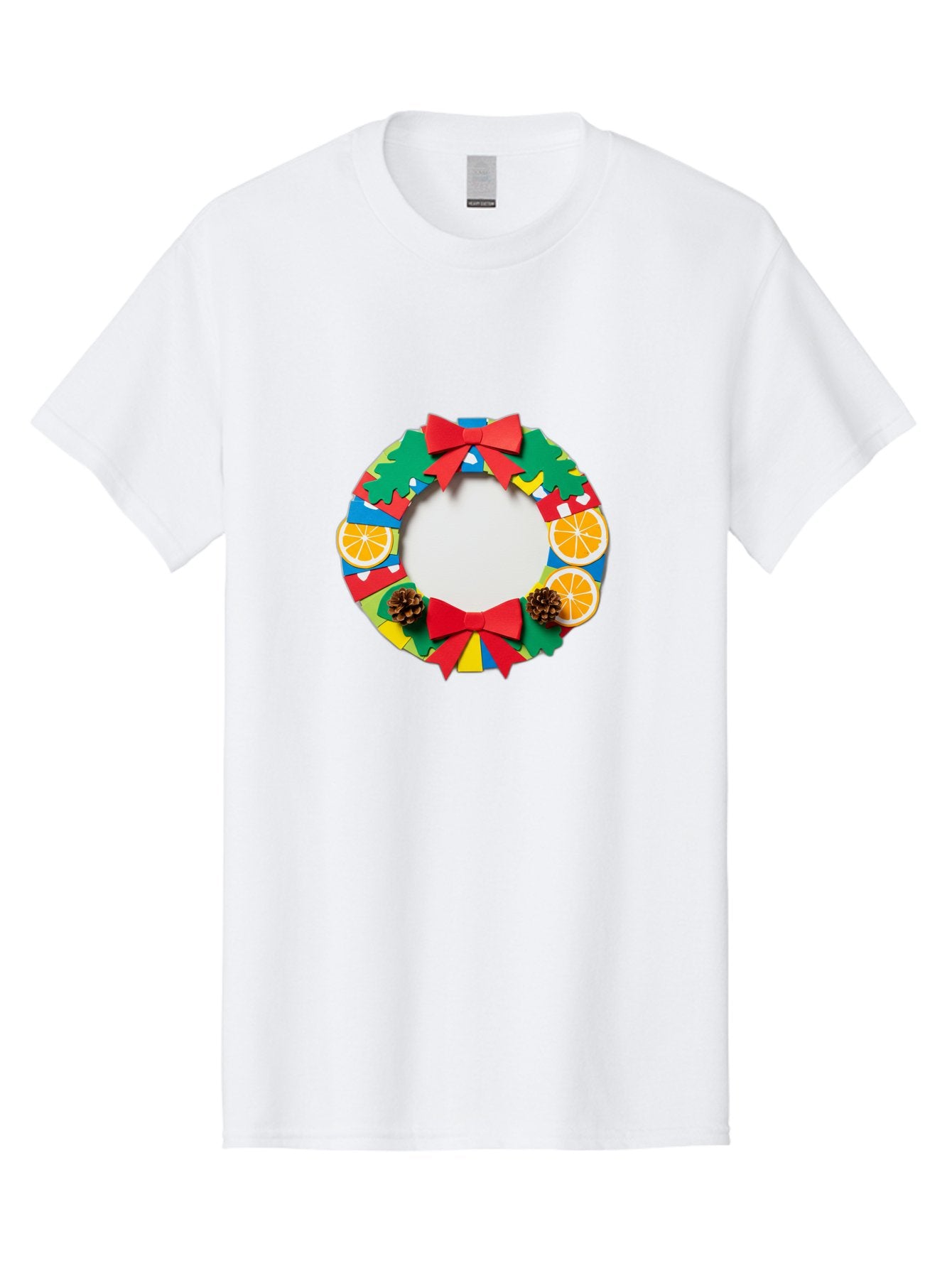 Christmas-Wreath-4 Men'S Graphic Tee, 100% Cotton, Comfortable Casual Summer Wear, Machine Washable, Colorful Christmas Wreath, Festive Decorations, Red Bows, Pine Cones, Orange Slices, Holiday Decor, Seasonal Decor, Christmas Decorations, Bab757 5