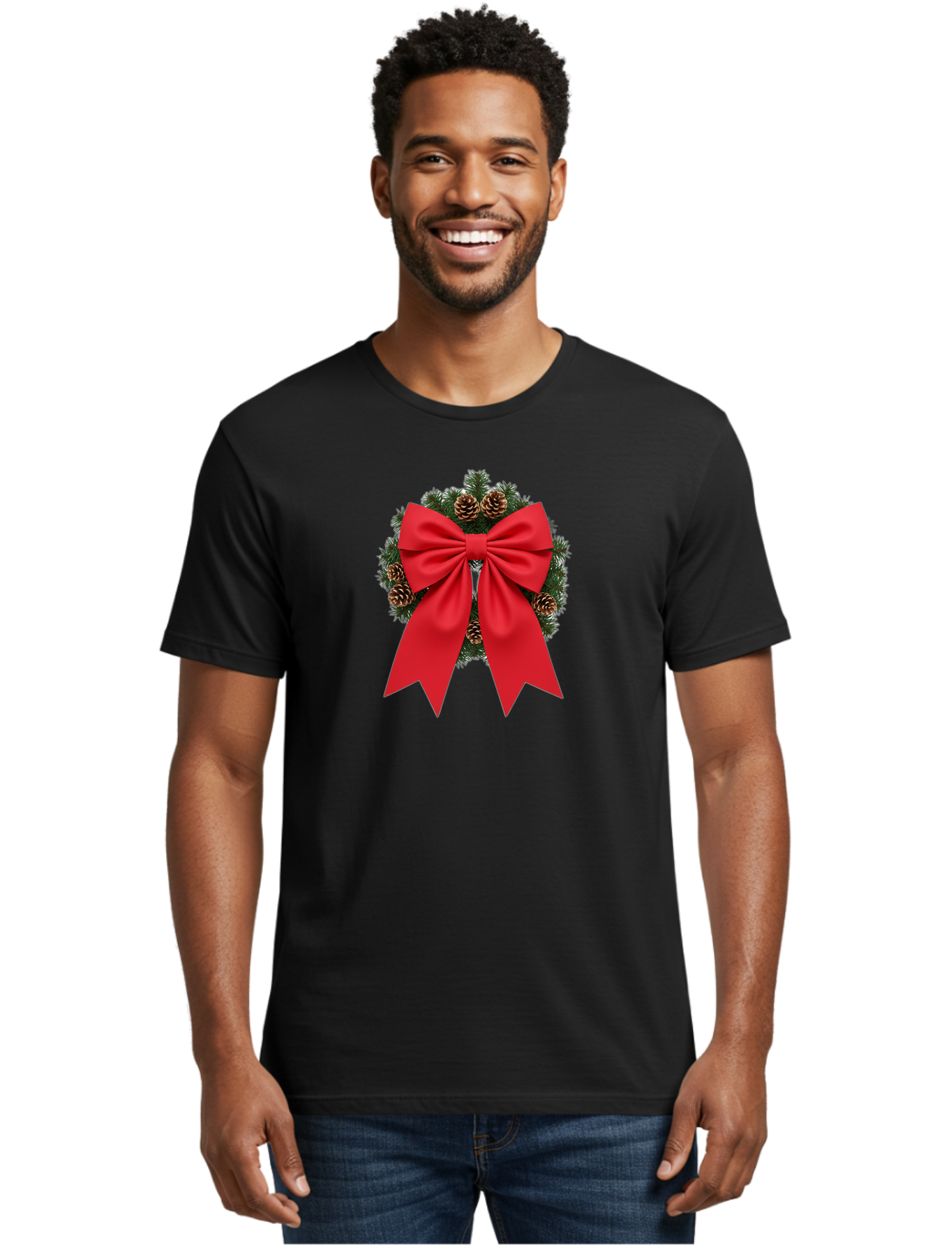 Christmas-Wreath-With-Red-Bow Men'S Graphic Tee, 100% Cotton, Comfortable Casual Summer Wear, Machine Washable, Pinecone Wreath, Christmas Decoration, Red Bow, Festive, Holiday Decor, Evergreen Branches, Satin Ribbon, Seasonal Decor, Bab758 18