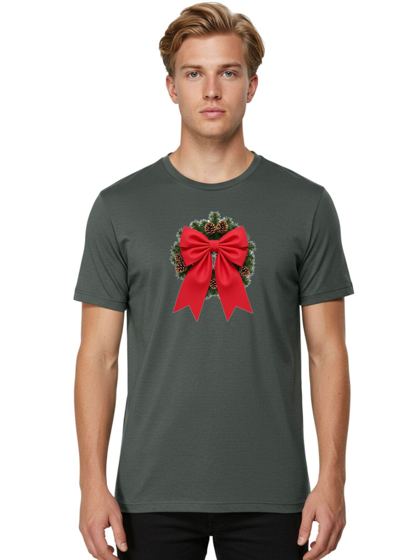 Christmas-Wreath-With-Red-Bow Men'S Graphic Tee, 100% Cotton, Comfortable Casual Summer Wear, Machine Washable, Pinecone Wreath, Christmas Decoration, Red Bow, Festive, Holiday Decor, Evergreen Branches, Satin Ribbon, Seasonal Decor, Bab758 23