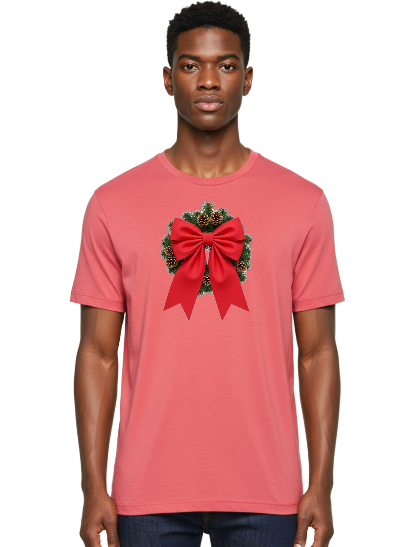 Christmas-Wreath-With-Red-Bow Men'S Graphic Tee, 100% Cotton, Comfortable Casual Summer Wear, Machine Washable, Pinecone Wreath, Christmas Decoration, Red Bow, Festive, Holiday Decor, Evergreen Branches, Satin Ribbon, Seasonal Decor, Bab758 26