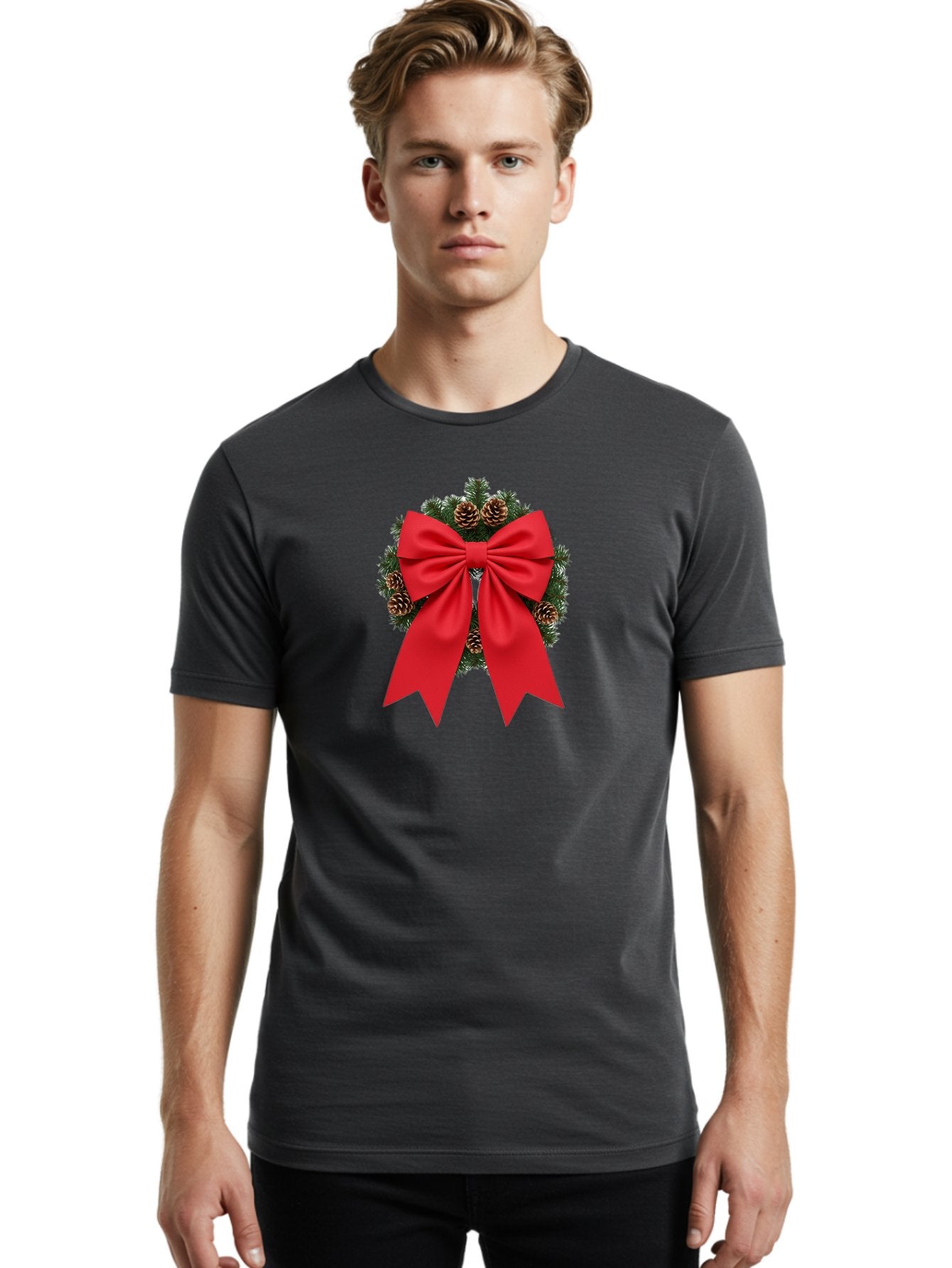 Christmas-Wreath-With-Red-Bow Men'S Graphic Tee, 100% Cotton, Comfortable Casual Summer Wear, Machine Washable, Pinecone Wreath, Christmas Decoration, Red Bow, Festive, Holiday Decor, Evergreen Branches, Satin Ribbon, Seasonal Decor, Bab758 25