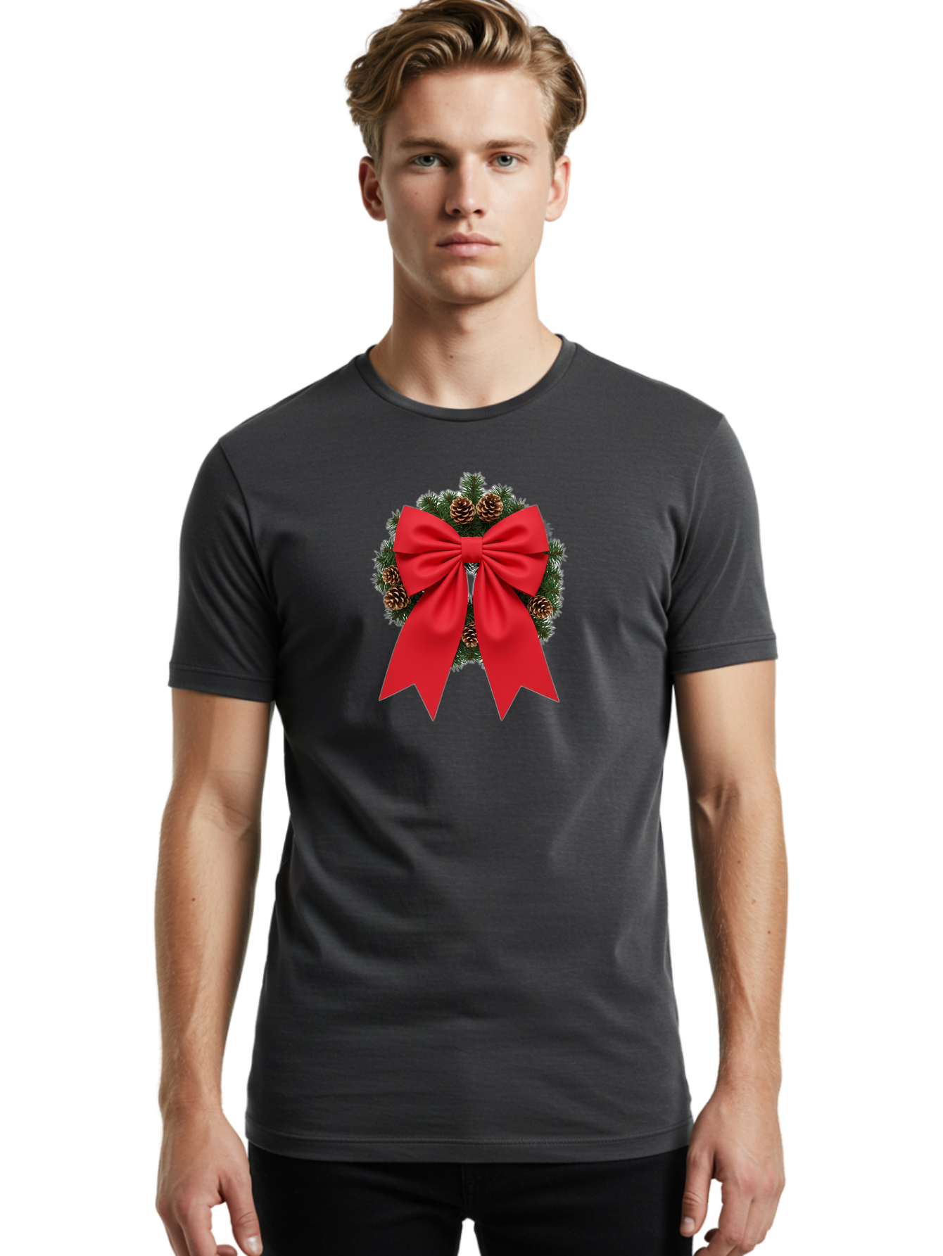 Christmas-Wreath-With-Red-Bow Men'S Graphic Tee, 100% Cotton, Comfortable Casual Summer Wear, Machine Washable, Pinecone Wreath, Christmas Decoration, Red Bow, Festive, Holiday Decor, Evergreen Branches, Satin Ribbon, Seasonal Decor, Bab758 21