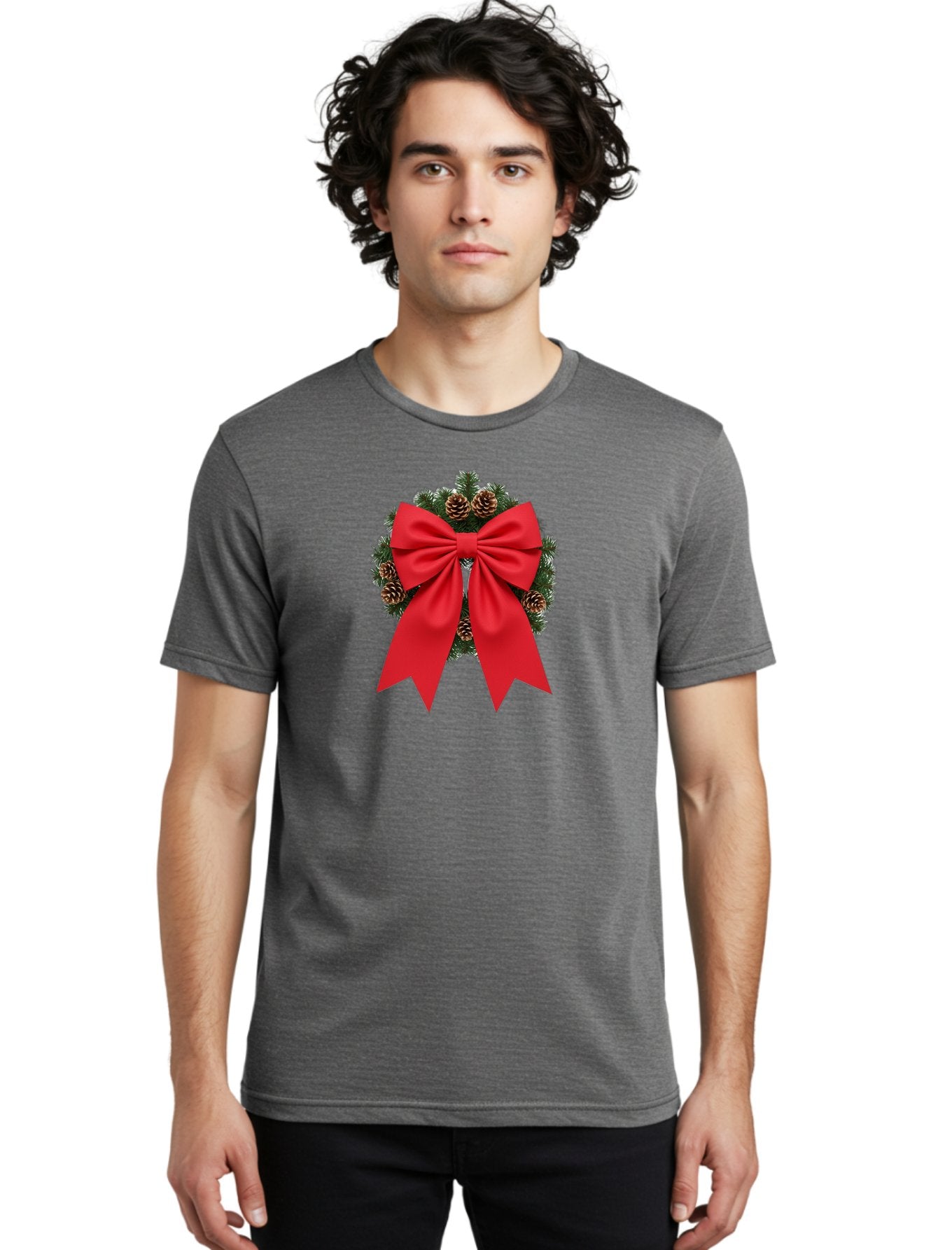Christmas-Wreath-With-Red-Bow Men'S Graphic Tee, 100% Cotton, Comfortable Casual Summer Wear, Machine Washable, Pinecone Wreath, Christmas Decoration, Red Bow, Festive, Holiday Decor, Evergreen Branches, Satin Ribbon, Seasonal Decor, Bab758 16