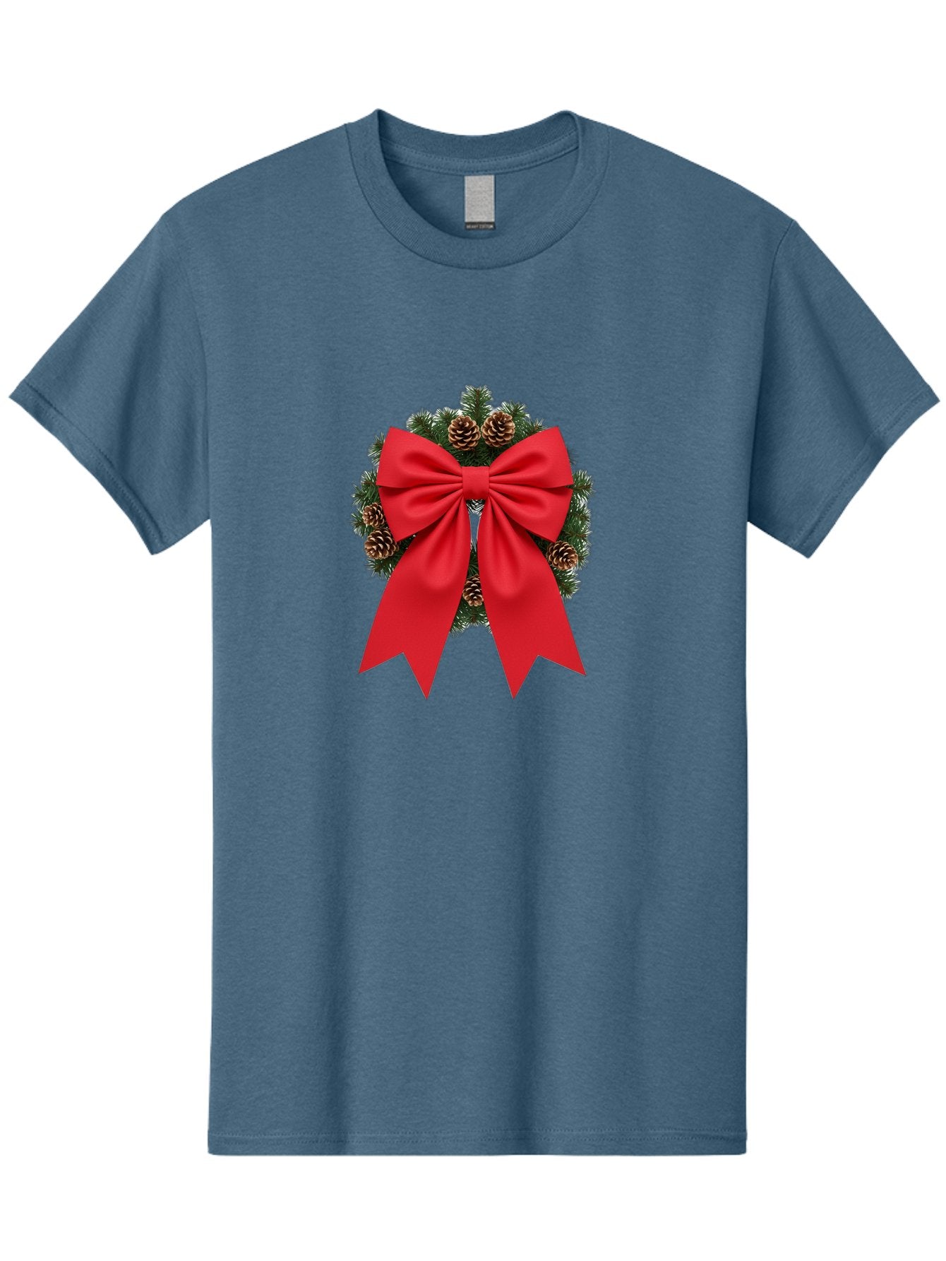 Christmas-Wreath-With-Red-Bow Men'S Graphic Tee, 100% Cotton, Comfortable Casual Summer Wear, Machine Washable, Pinecone Wreath, Christmas Decoration, Red Bow, Festive, Holiday Decor, Evergreen Branches, Satin Ribbon, Seasonal Decor, Bab758 3