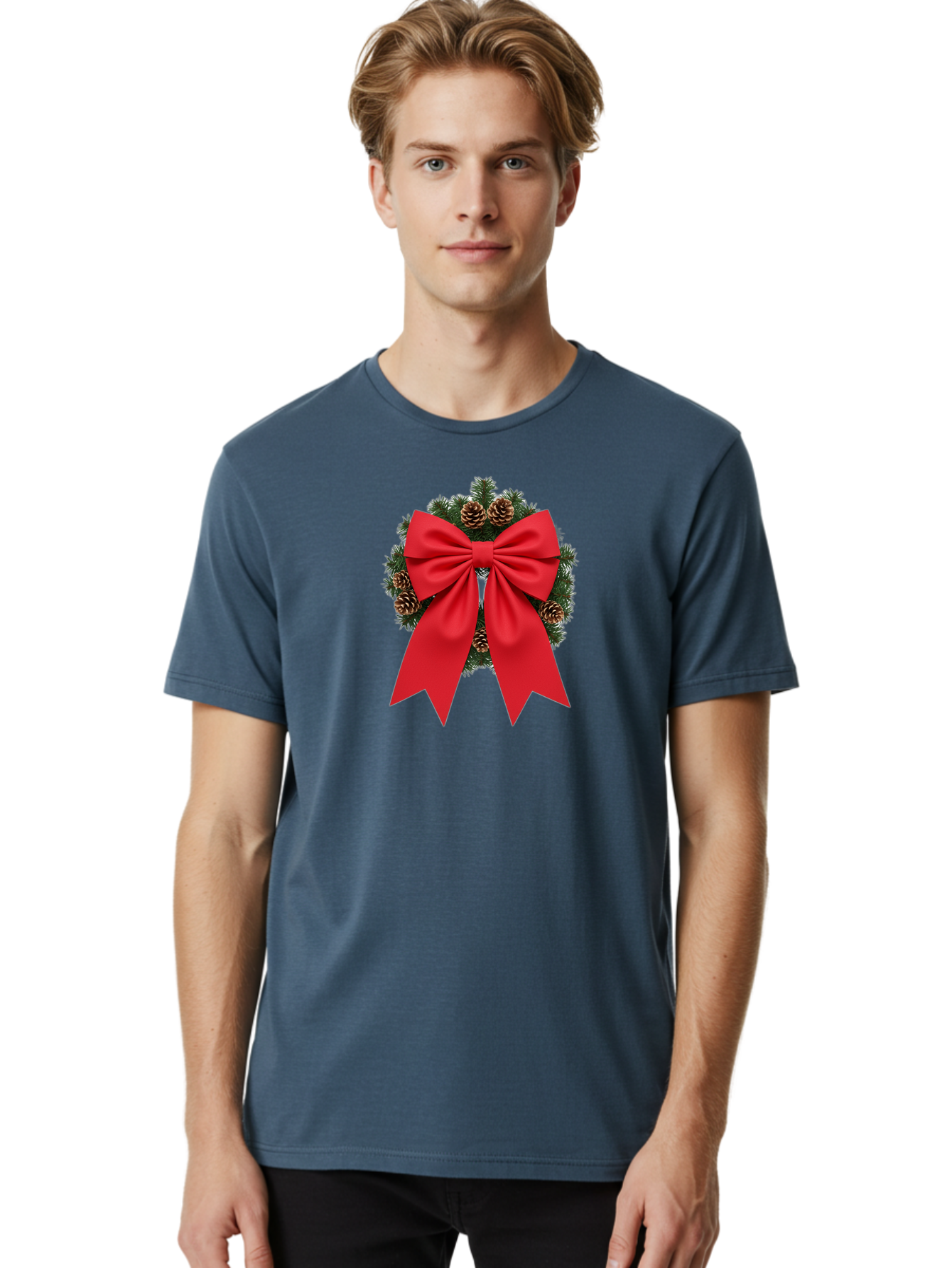 Christmas-Wreath-With-Red-Bow Men'S Graphic Tee, 100% Cotton, Comfortable Casual Summer Wear, Machine Washable, Pinecone Wreath, Christmas Decoration, Red Bow, Festive, Holiday Decor, Evergreen Branches, Satin Ribbon, Seasonal Decor, Bab758 24