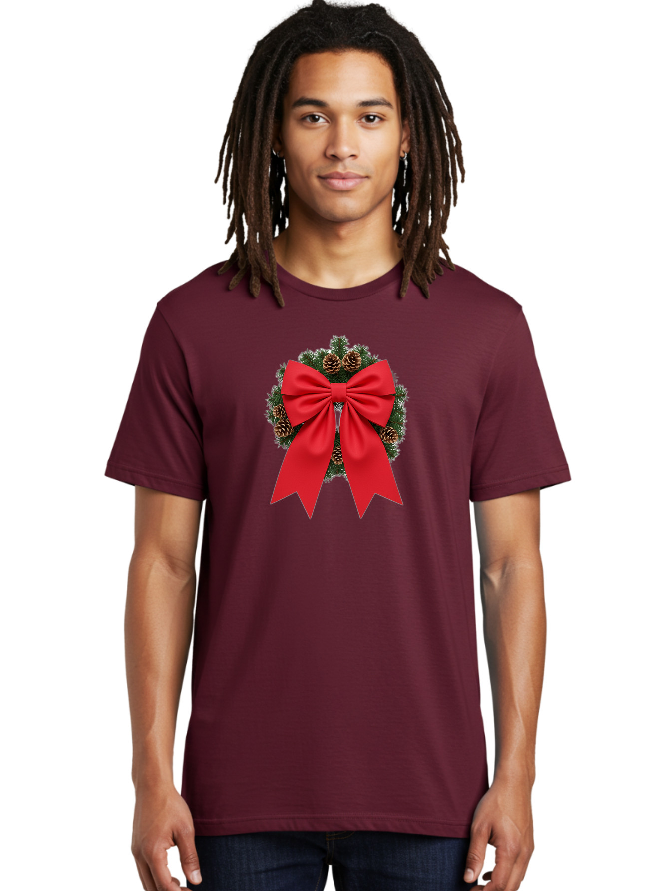 Christmas-Wreath-With-Red-Bow Men'S Graphic Tee, 100% Cotton, Comfortable Casual Summer Wear, Machine Washable, Pinecone Wreath, Christmas Decoration, Red Bow, Festive, Holiday Decor, Evergreen Branches, Satin Ribbon, Seasonal Decor, Bab758 19