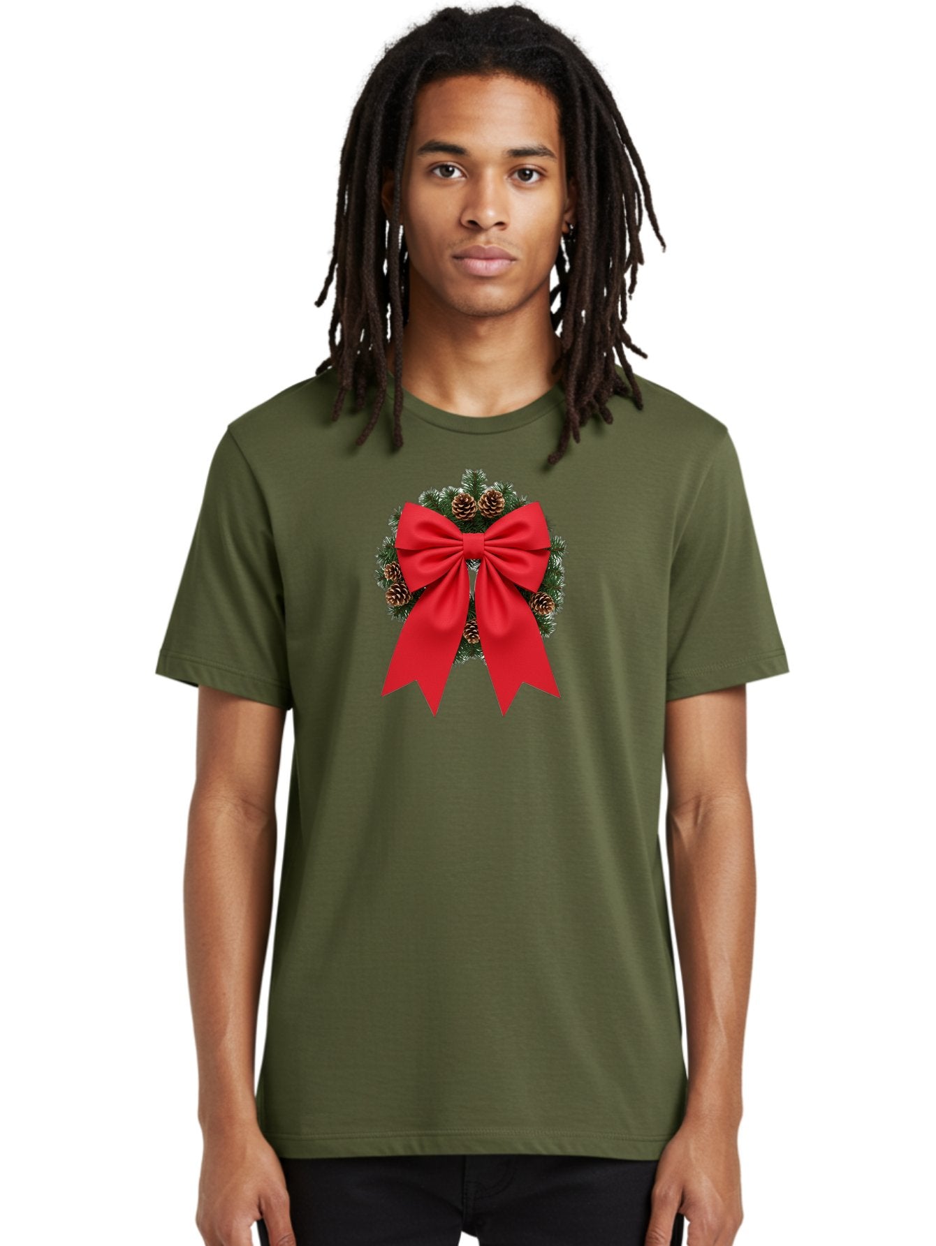 Christmas-Wreath-With-Red-Bow Men'S Graphic Tee, 100% Cotton, Comfortable Casual Summer Wear, Machine Washable, Pinecone Wreath, Christmas Decoration, Red Bow, Festive, Holiday Decor, Evergreen Branches, Satin Ribbon, Seasonal Decor, Bab758 17