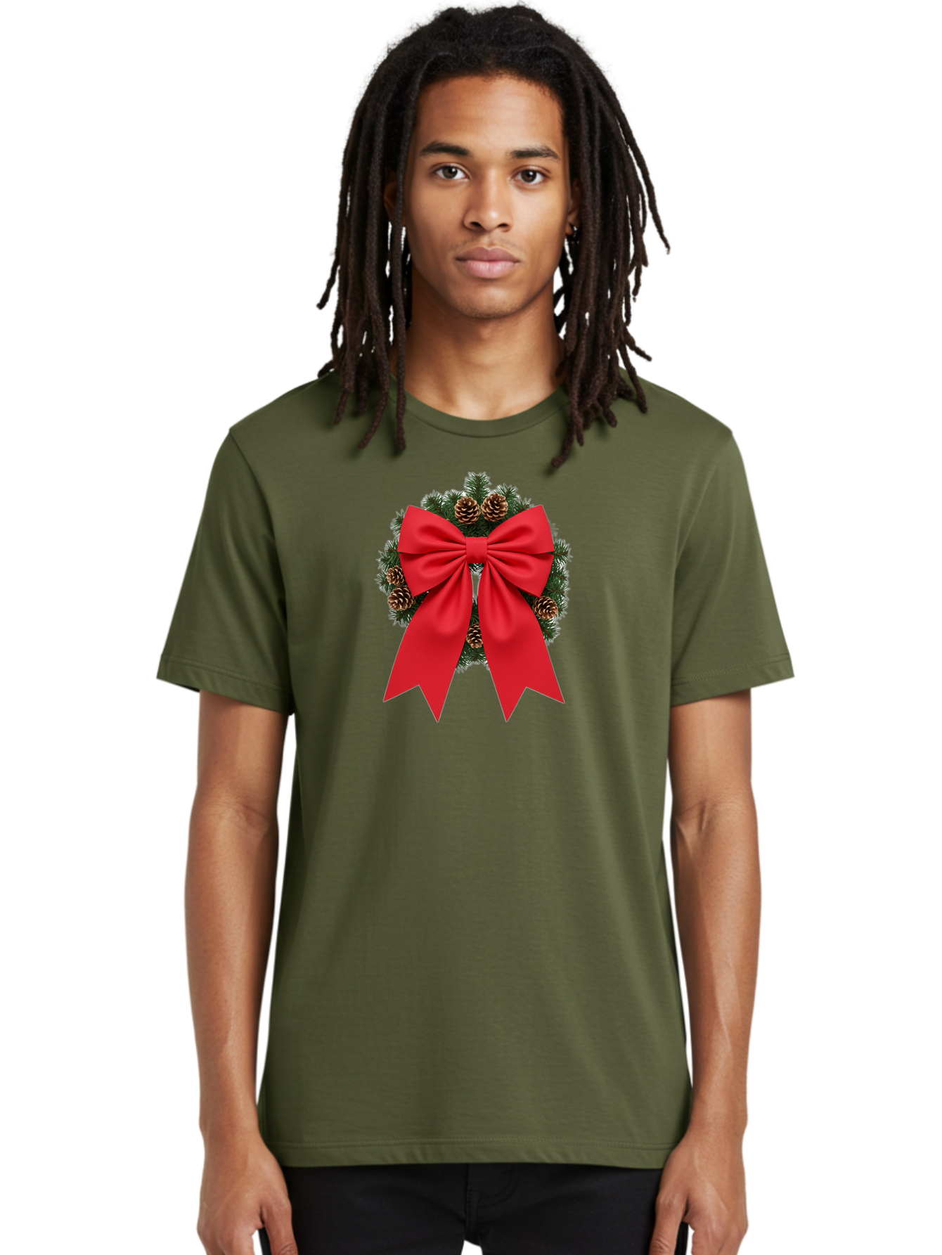 Christmas-Wreath-With-Red-Bow Men'S Graphic Tee, 100% Cotton, Comfortable Casual Summer Wear, Machine Washable, Pinecone Wreath, Christmas Decoration, Red Bow, Festive, Holiday Decor, Evergreen Branches, Satin Ribbon, Seasonal Decor, Bab758 29