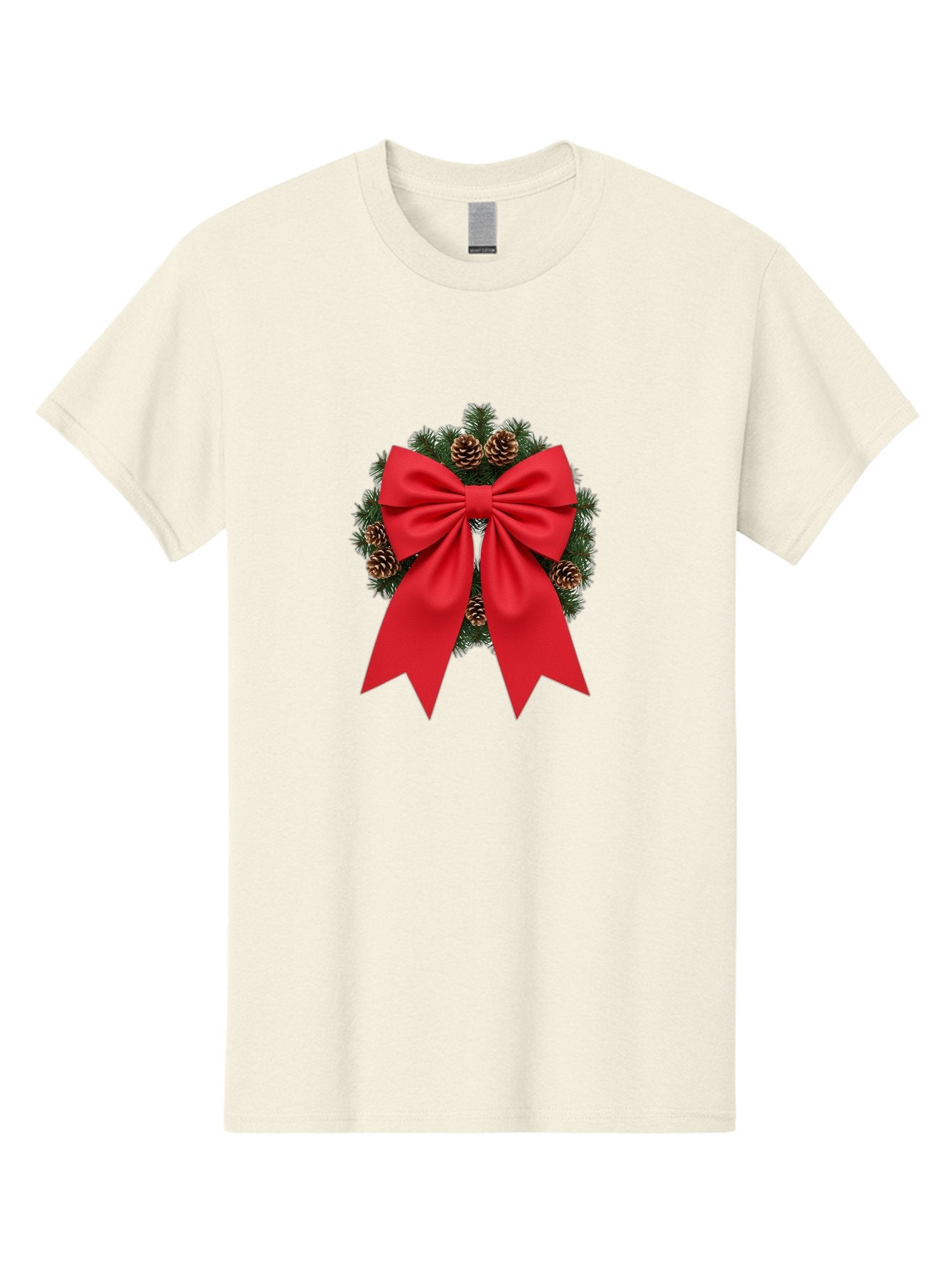Christmas-Wreath-With-Red-Bow Men'S Graphic Tee, 100% Cotton, Comfortable Casual Summer Wear, Machine Washable, Pinecone Wreath, Christmas Decoration, Red Bow, Festive, Holiday Decor, Evergreen Branches, Satin Ribbon, Seasonal Decor, Bab758 6