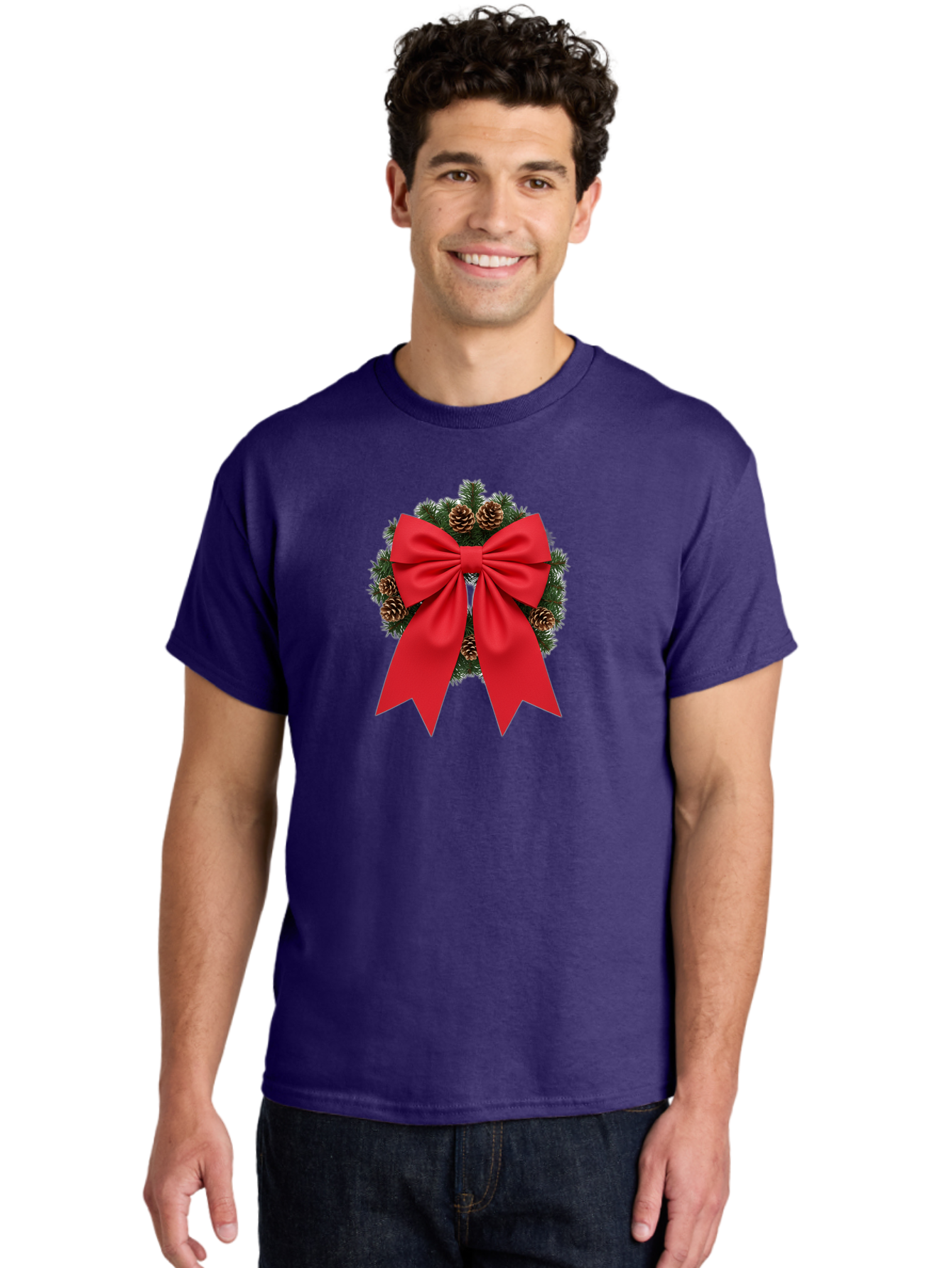 Christmas-Wreath-With-Red-Bow Men'S Graphic Tee, 100% Cotton, Comfortable Casual Summer Wear, Machine Washable, Pinecone Wreath, Christmas Decoration, Red Bow, Festive, Holiday Decor, Evergreen Branches, Satin Ribbon, Seasonal Decor, Bab758 16