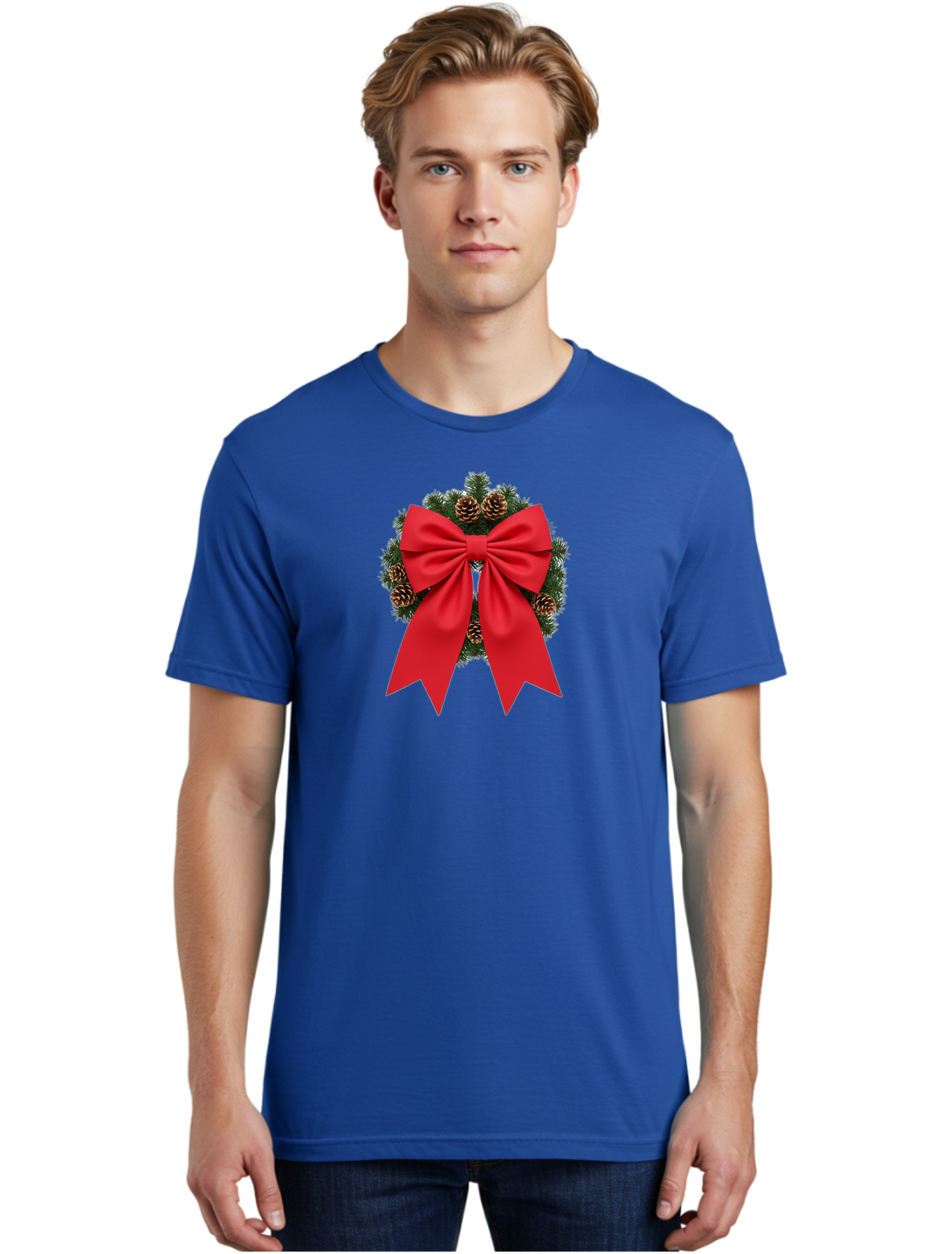Christmas-Wreath-With-Red-Bow Men'S Graphic Tee, 100% Cotton, Comfortable Casual Summer Wear, Machine Washable, Pinecone Wreath, Christmas Decoration, Red Bow, Festive, Holiday Decor, Evergreen Branches, Satin Ribbon, Seasonal Decor, Bab758 30