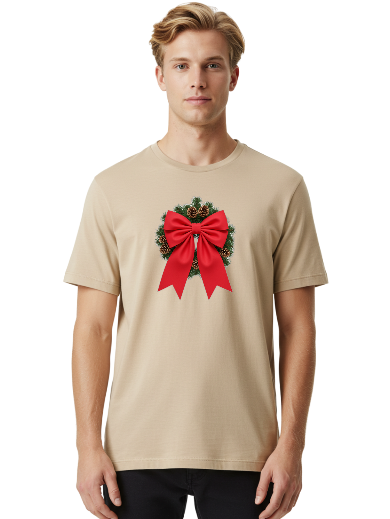 Christmas-Wreath-With-Red-Bow Men'S Graphic Tee, 100% Cotton, Comfortable Casual Summer Wear, Machine Washable, Pinecone Wreath, Christmas Decoration, Red Bow, Festive, Holiday Decor, Evergreen Branches, Satin Ribbon, Seasonal Decor, Bab758 17