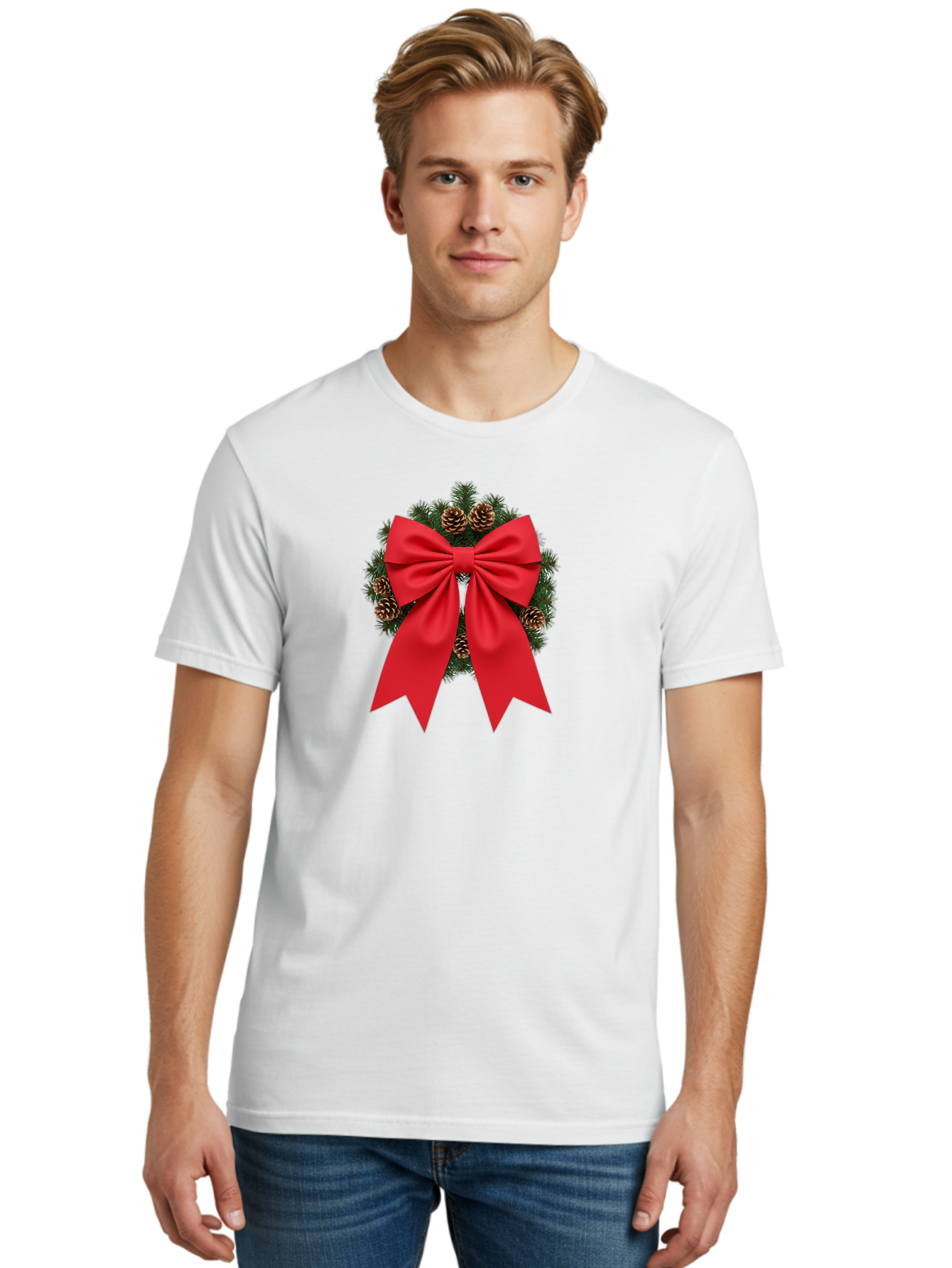 Christmas-Wreath-With-Red-Bow Men'S Graphic Tee, 100% Cotton, Comfortable Casual Summer Wear, Machine Washable, Pinecone Wreath, Christmas Decoration, Red Bow, Festive, Holiday Decor, Evergreen Branches, Satin Ribbon, Seasonal Decor, Bab758 20