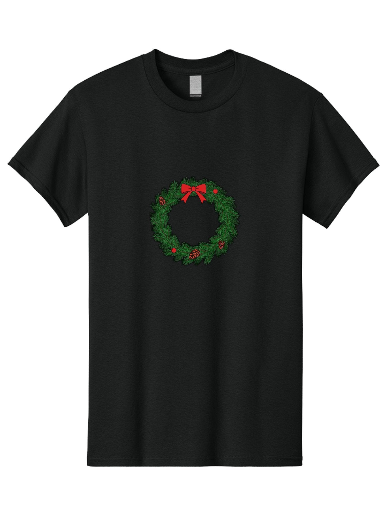 Christmas-Wreath Men'S Graphic Tee, 100% Cotton, Comfortable Casual Summer Wear, Machine Washable, Christmas Wreath, Evergreen Branches, Red Bow, Pinecones, Red Ornaments, Festive Decoration, Holiday Decor, Seasonal Design, Christmas Theme Bab759