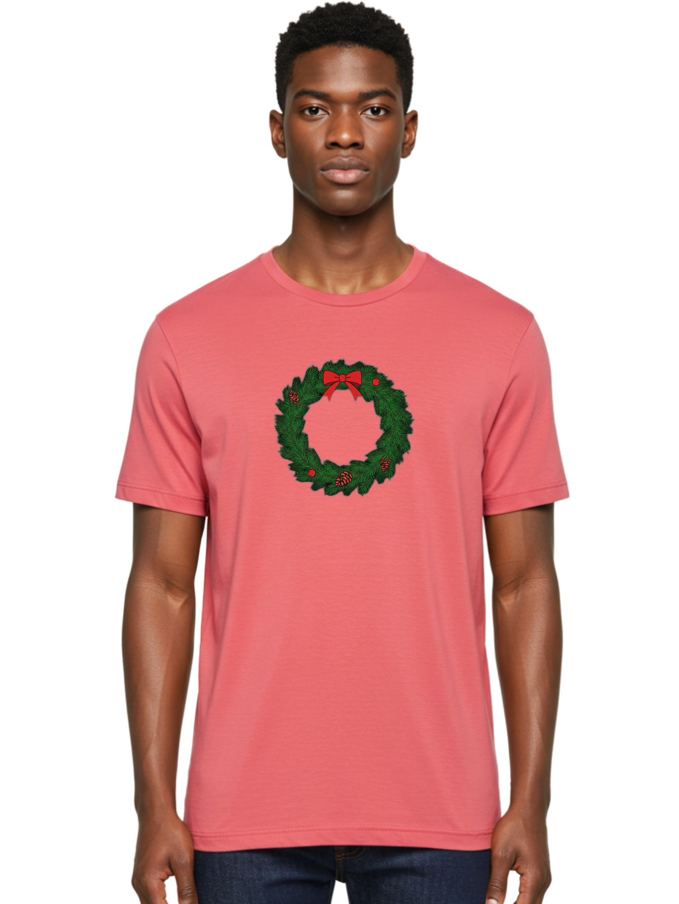 Christmas-Wreath Men'S Graphic Tee, 100% Cotton, Comfortable Casual Summer Wear, Machine Washable, Christmas Wreath, Evergreen Branches, Red Bow, Pinecones, Red Ornaments, Festive Decoration, Holiday Decor, Seasonal Design, Christmas Theme Bab759 16