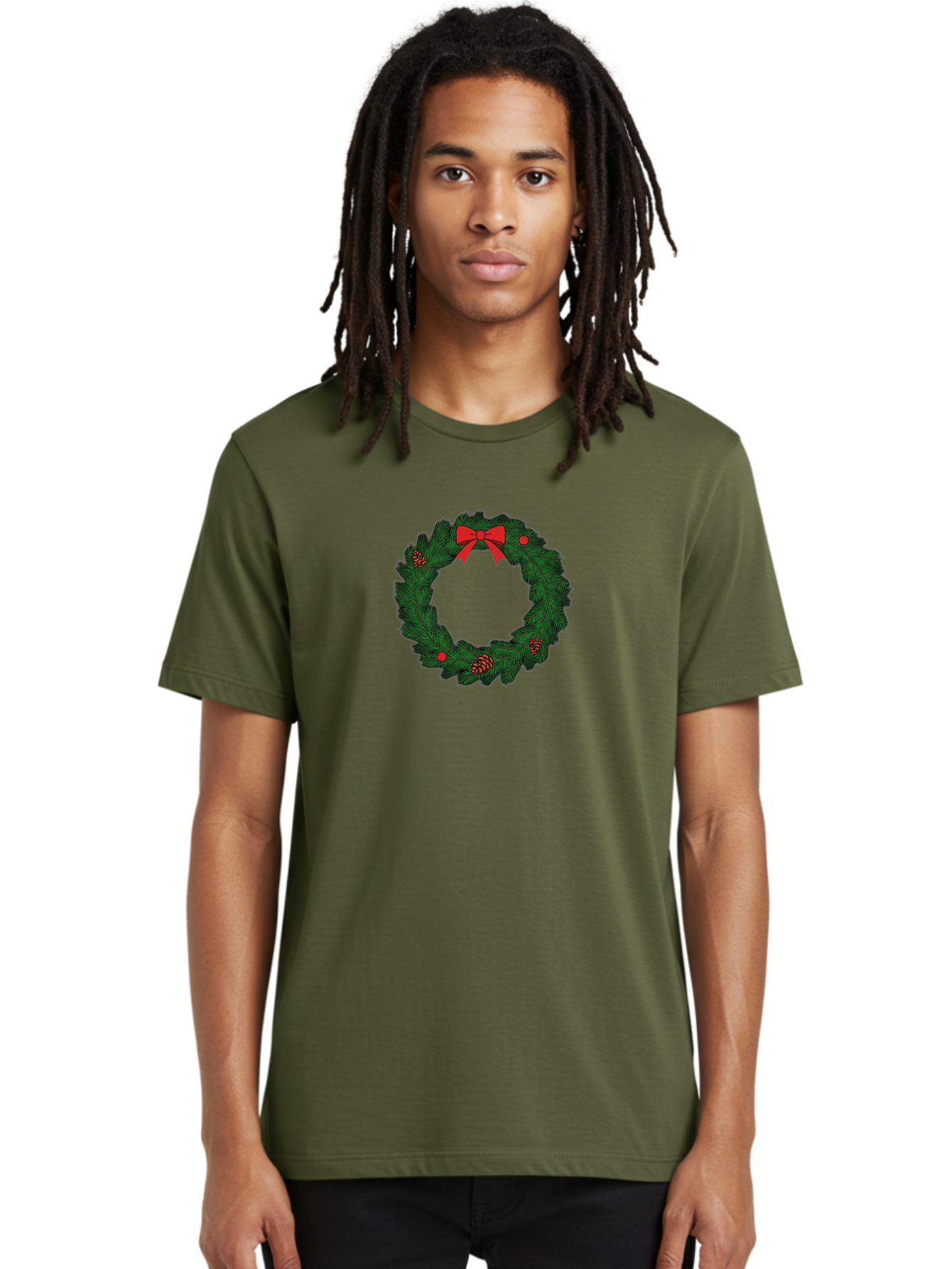 Christmas-Wreath Men'S Graphic Tee, 100% Cotton, Comfortable Casual Summer Wear, Machine Washable, Christmas Wreath, Evergreen Branches, Red Bow, Pinecones, Red Ornaments, Festive Decoration, Holiday Decor, Seasonal Design, Christmas Theme Bab759 25