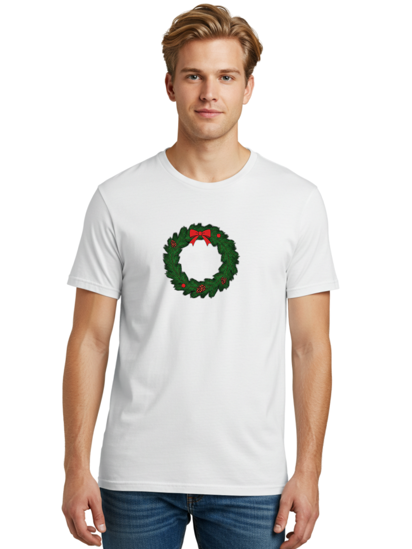Christmas-Wreath Men'S Graphic Tee, 100% Cotton, Comfortable Casual Summer Wear, Machine Washable, Christmas Wreath, Evergreen Branches, Red Bow, Pinecones, Red Ornaments, Festive Decoration, Holiday Decor, Seasonal Design, Christmas Theme Bab759 17