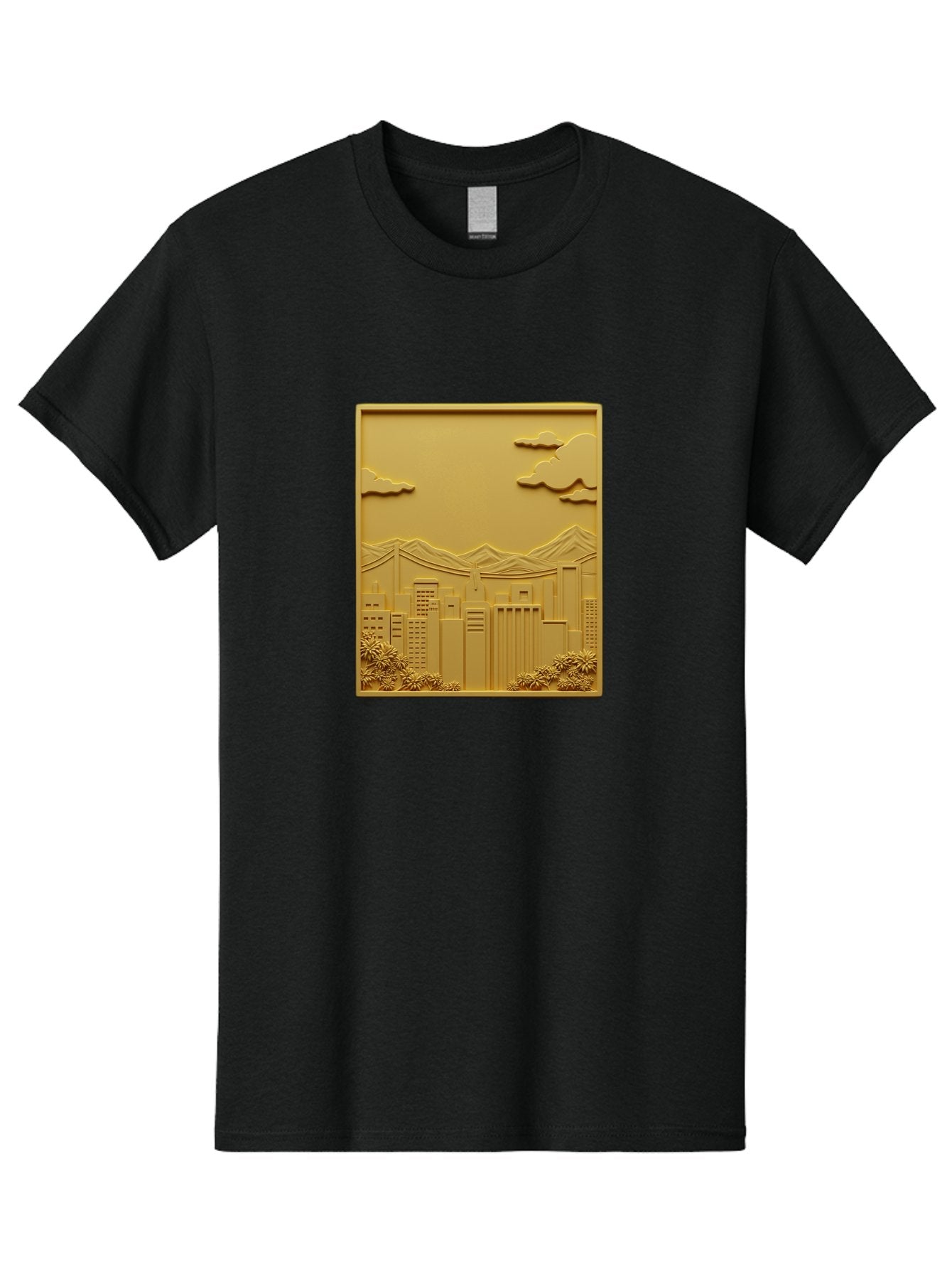 Cityscape Men'S Graphic Tee, 100% Cotton, Comfortable Casual Summer Wear, Machine Washable, Cityscape, Urban Landscape, Modern Architecture, Skyscrapers, Mountains, Clouds, 3D Artwork, Decorative Panel, Gold Tone, City View, Bab760 4