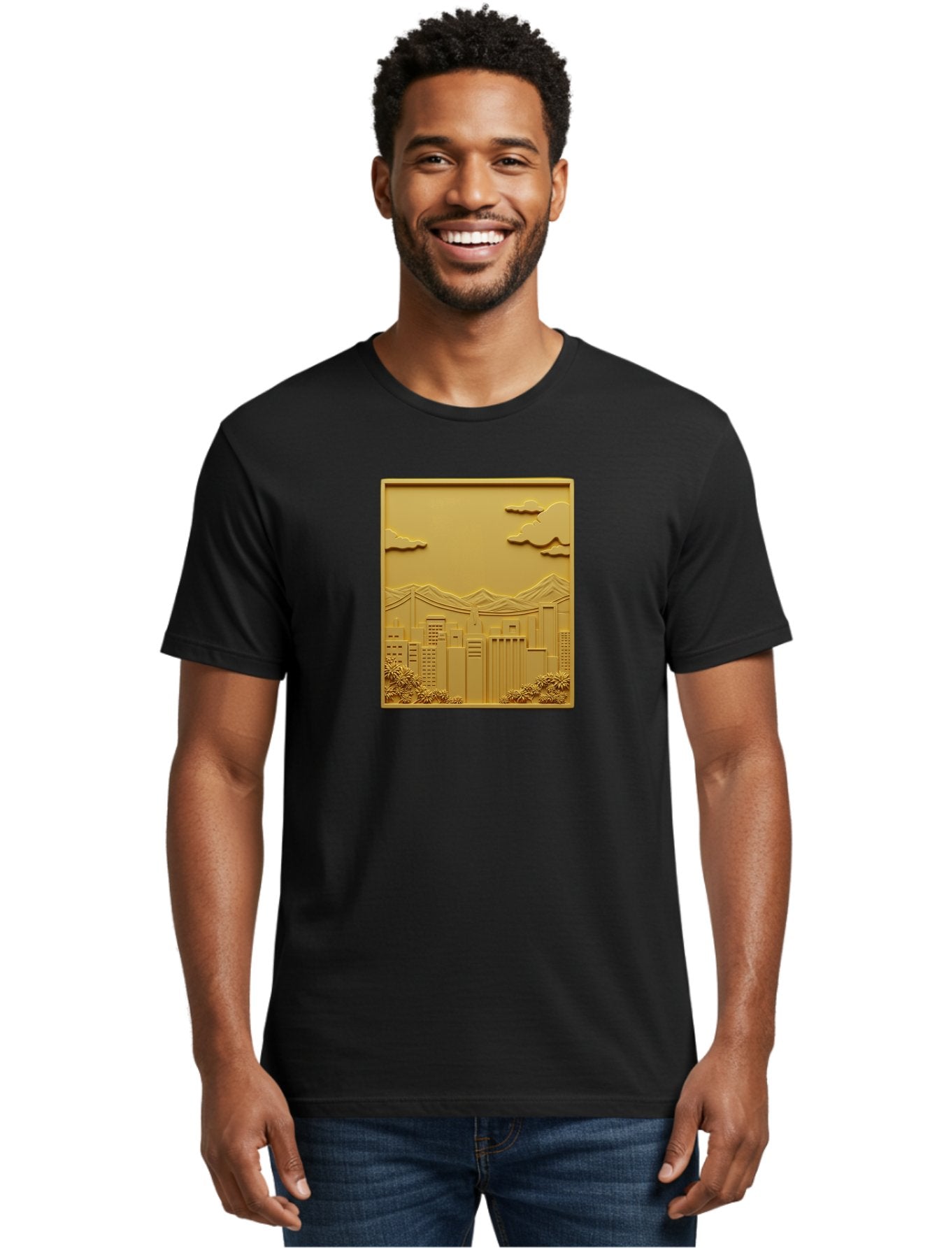 Cityscape Men'S Graphic Tee, 100% Cotton, Comfortable Casual Summer Wear, Machine Washable, Cityscape, Urban Landscape, Modern Architecture, Skyscrapers, Mountains, Clouds, 3D Artwork, Decorative Panel, Gold Tone, City View, Bab760 18