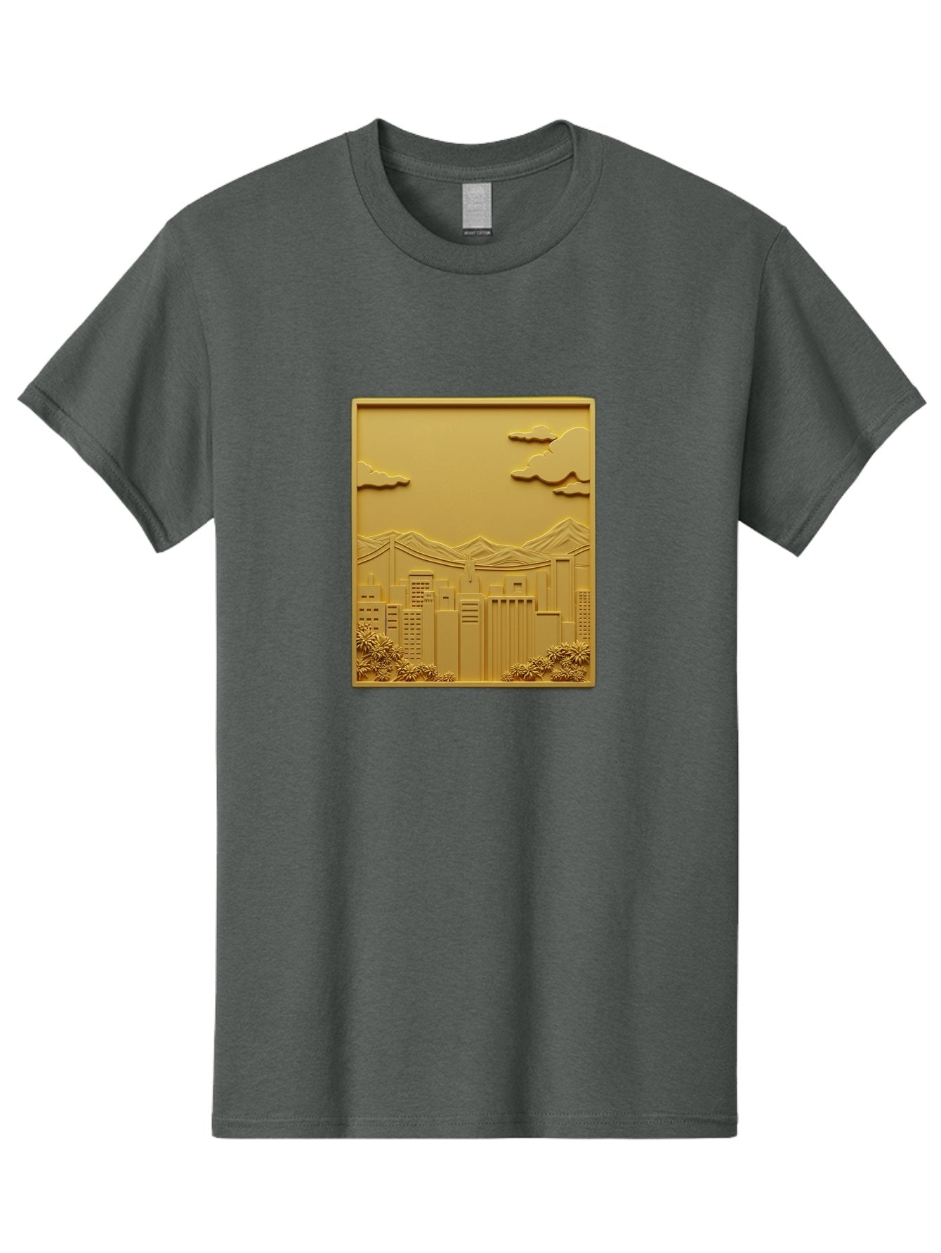 Cityscape Men'S Graphic Tee, 100% Cotton, Comfortable Casual Summer Wear, Machine Washable, Cityscape, Urban Landscape, Modern Architecture, Skyscrapers, Mountains, Clouds, 3D Artwork, Decorative Panel, Gold Tone, City View, Bab760 6
