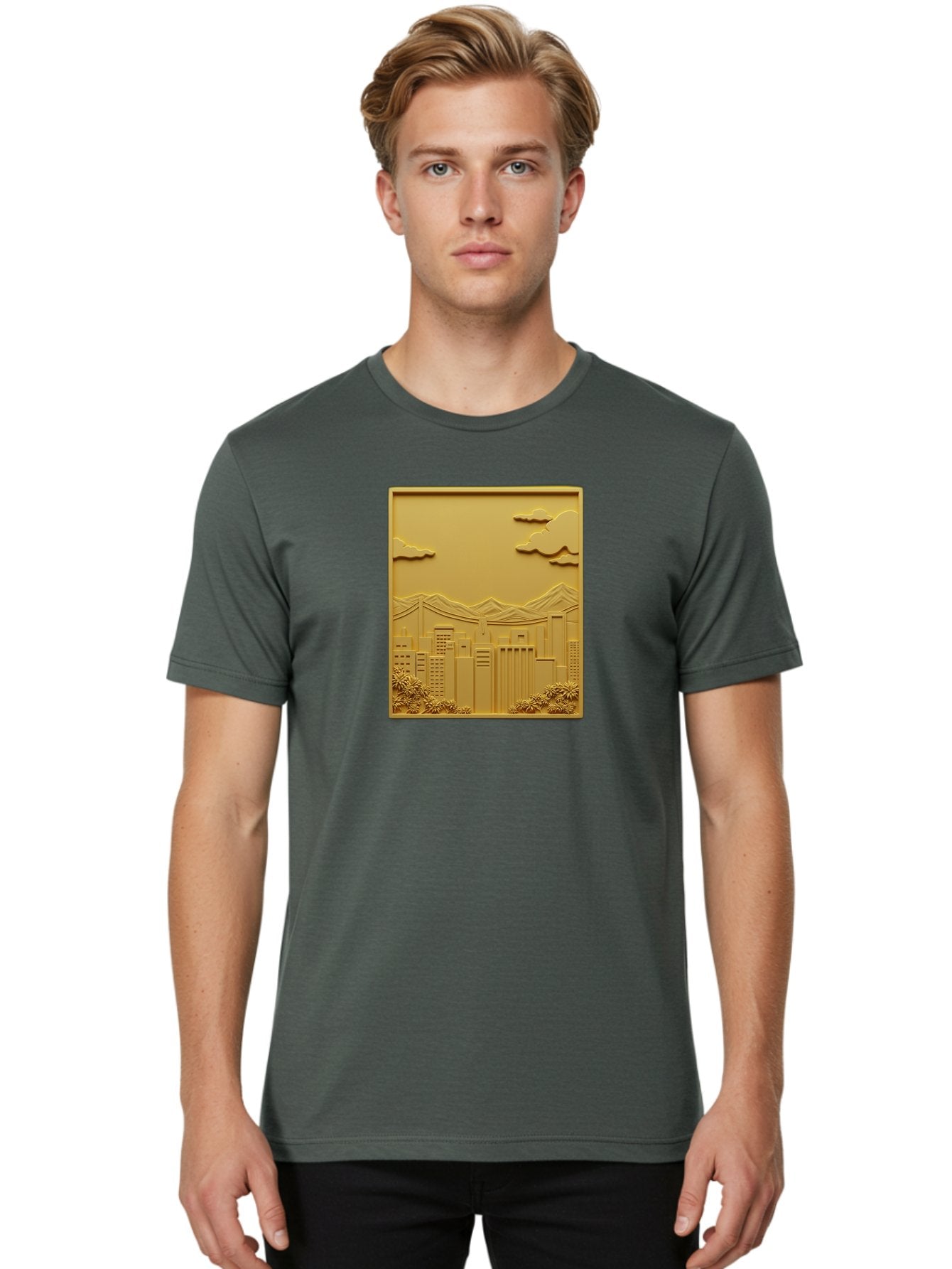 Cityscape Men'S Graphic Tee, 100% Cotton, Comfortable Casual Summer Wear, Machine Washable, Cityscape, Urban Landscape, Modern Architecture, Skyscrapers, Mountains, Clouds, 3D Artwork, Decorative Panel, Gold Tone, City View, Bab760 24
