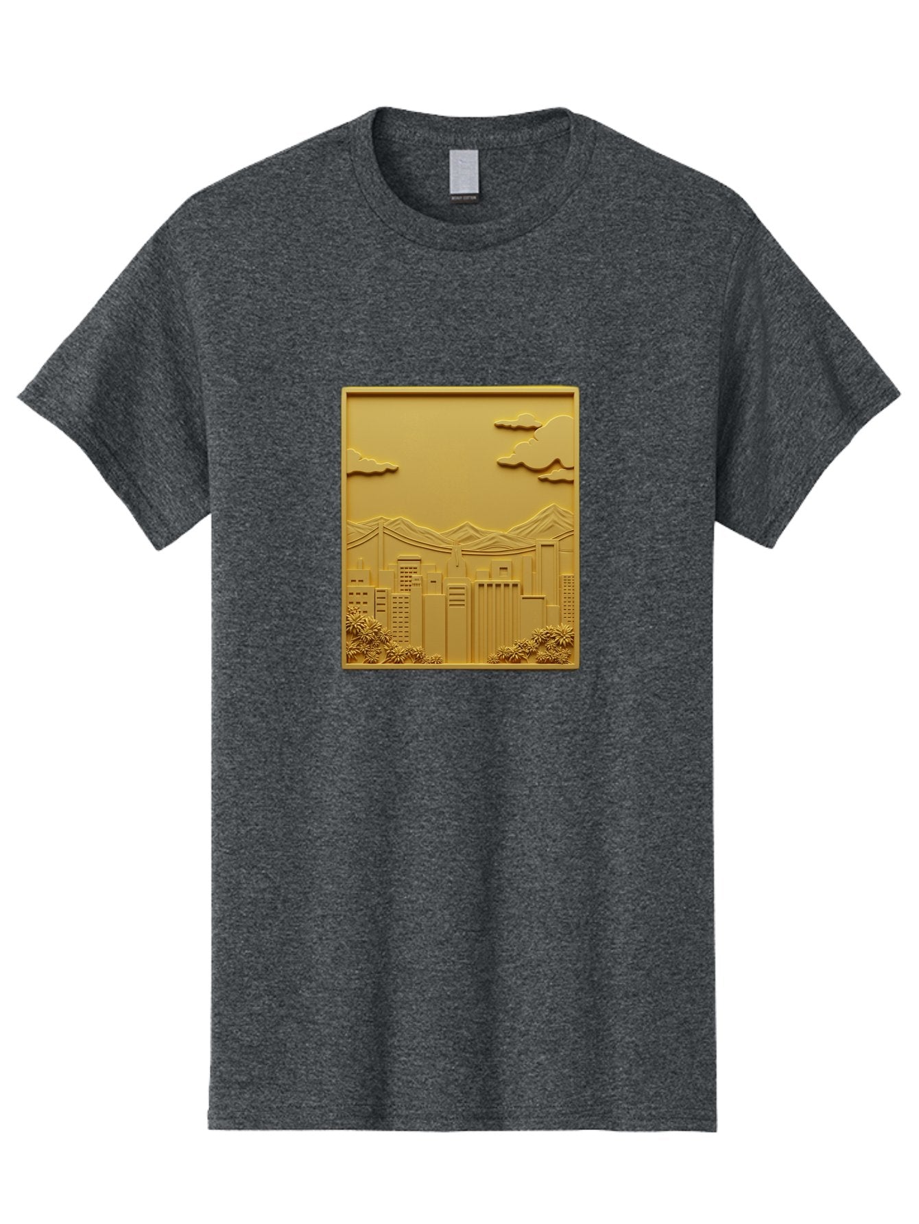 Cityscape Men'S Graphic Tee, 100% Cotton, Comfortable Casual Summer Wear, Machine Washable, Cityscape, Urban Landscape, Modern Architecture, Skyscrapers, Mountains, Clouds, 3D Artwork, Decorative Panel, Gold Tone, City View, Bab760 3
