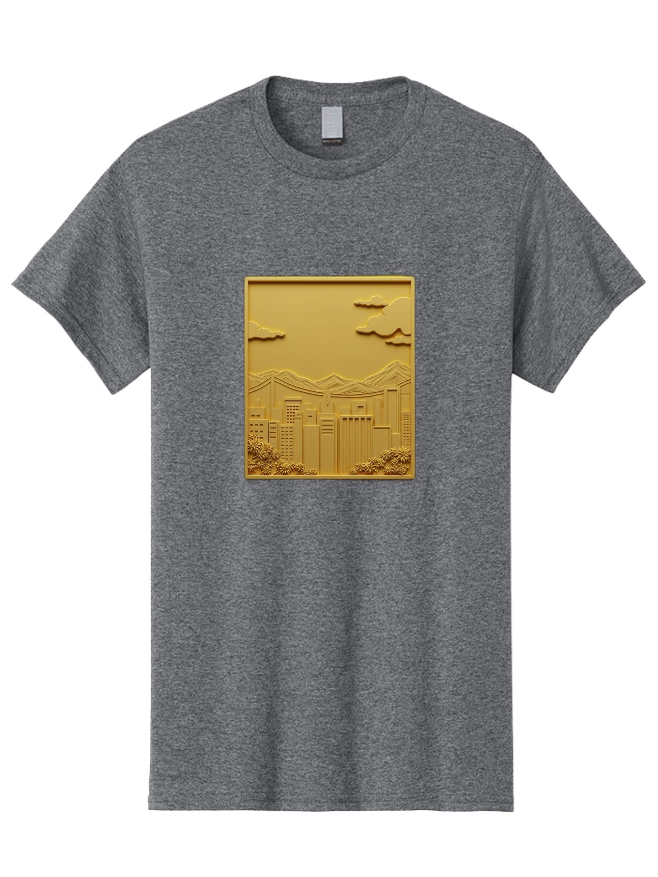 Cityscape Men'S Graphic Tee, 100% Cotton, Comfortable Casual Summer Wear, Machine Washable, Cityscape, Urban Landscape, Modern Architecture, Skyscrapers, Mountains, Clouds, 3D Artwork, Decorative Panel, Gold Tone, City View, Bab760 10