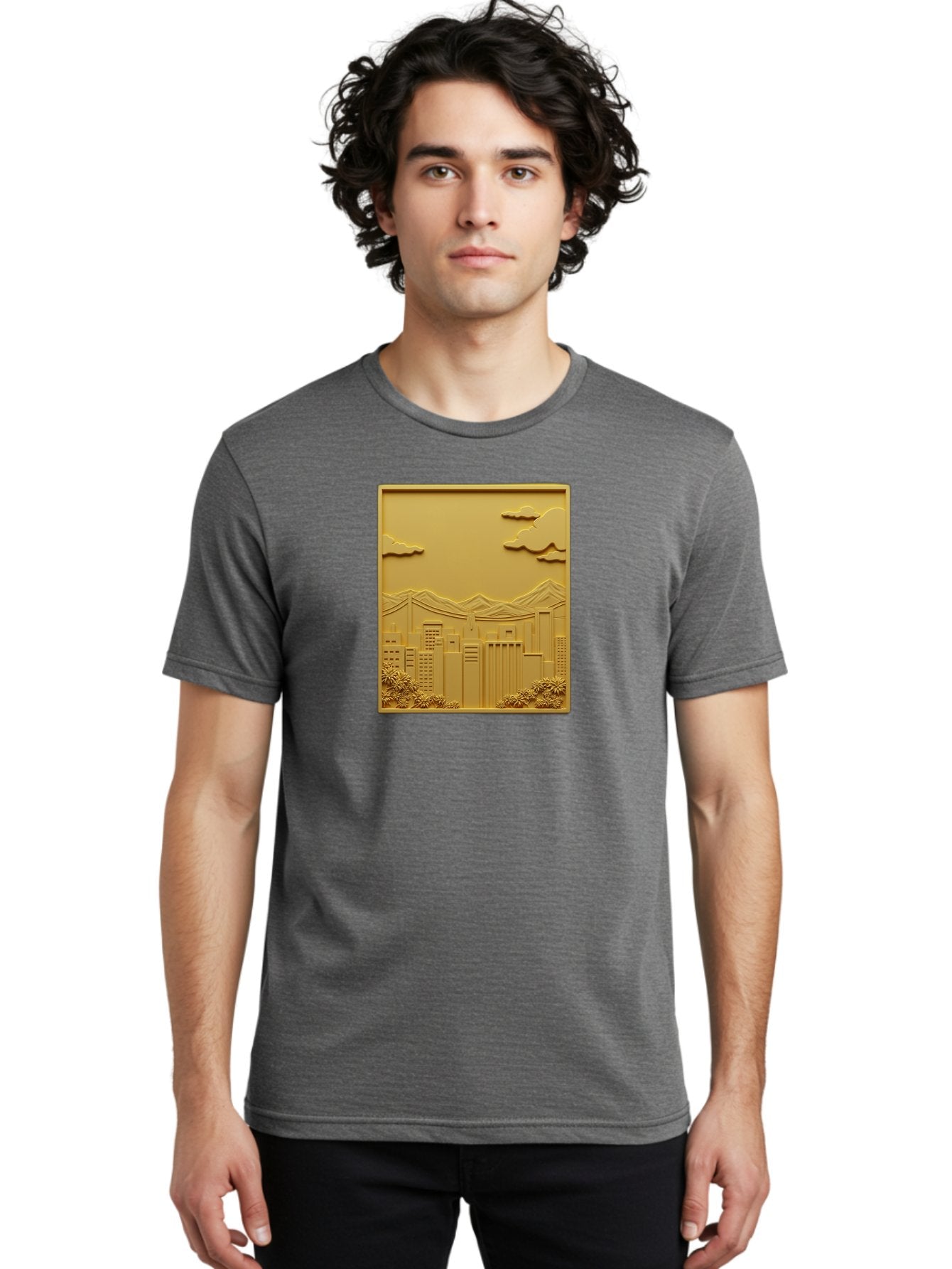 Cityscape Men'S Graphic Tee, 100% Cotton, Comfortable Casual Summer Wear, Machine Washable, Cityscape, Urban Landscape, Modern Architecture, Skyscrapers, Mountains, Clouds, 3D Artwork, Decorative Panel, Gold Tone, City View, Bab760 17
