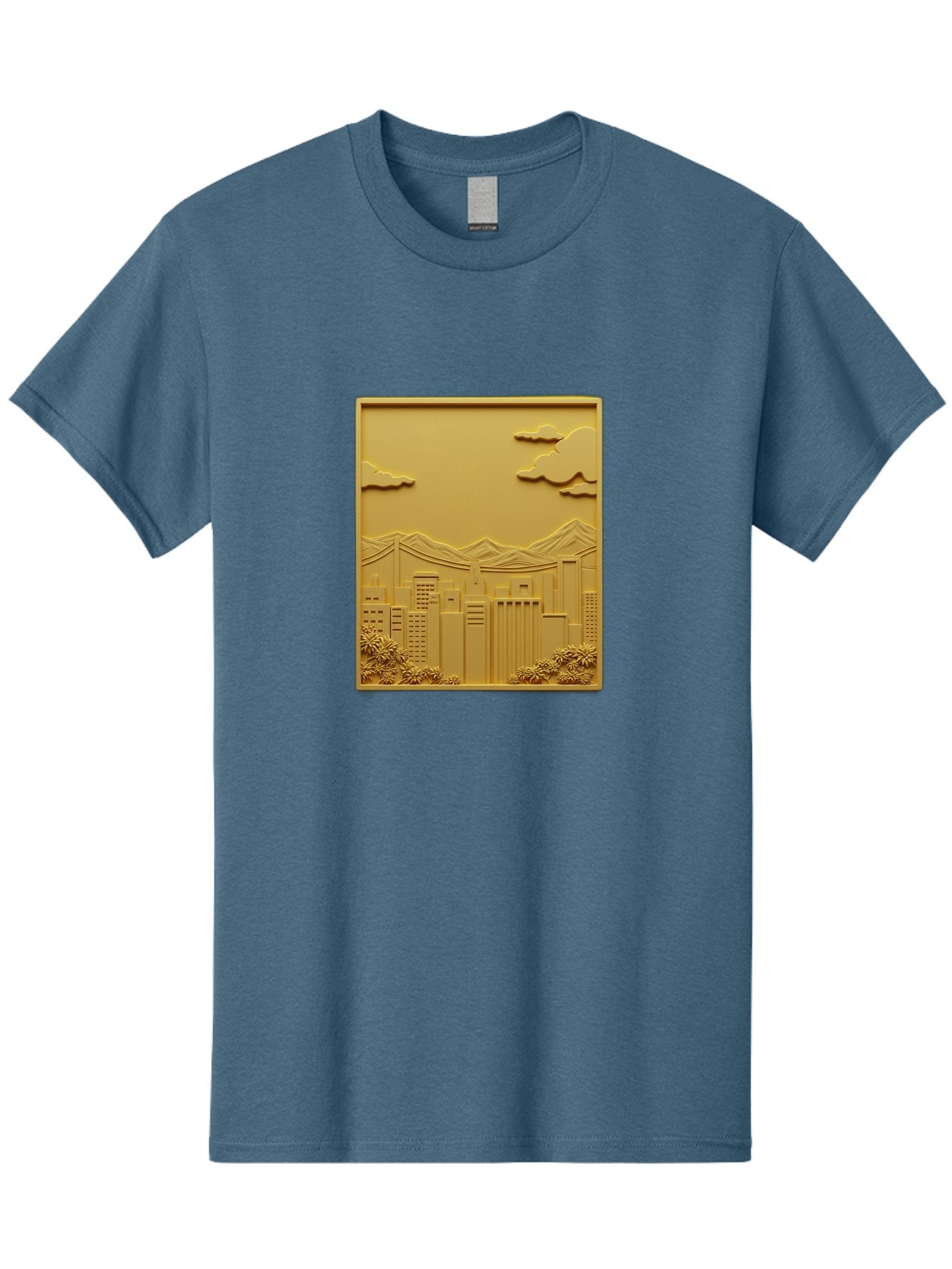 Cityscape Men'S Graphic Tee, 100% Cotton, Comfortable Casual Summer Wear, Machine Washable, Cityscape, Urban Landscape, Modern Architecture, Skyscrapers, Mountains, Clouds, 3D Artwork, Decorative Panel, Gold Tone, City View, Bab760 8