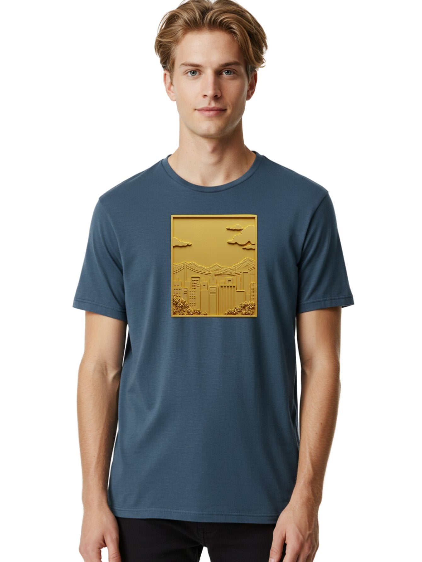 Cityscape Men'S Graphic Tee, 100% Cotton, Comfortable Casual Summer Wear, Machine Washable, Cityscape, Urban Landscape, Modern Architecture, Skyscrapers, Mountains, Clouds, 3D Artwork, Decorative Panel, Gold Tone, City View, Bab760 25
