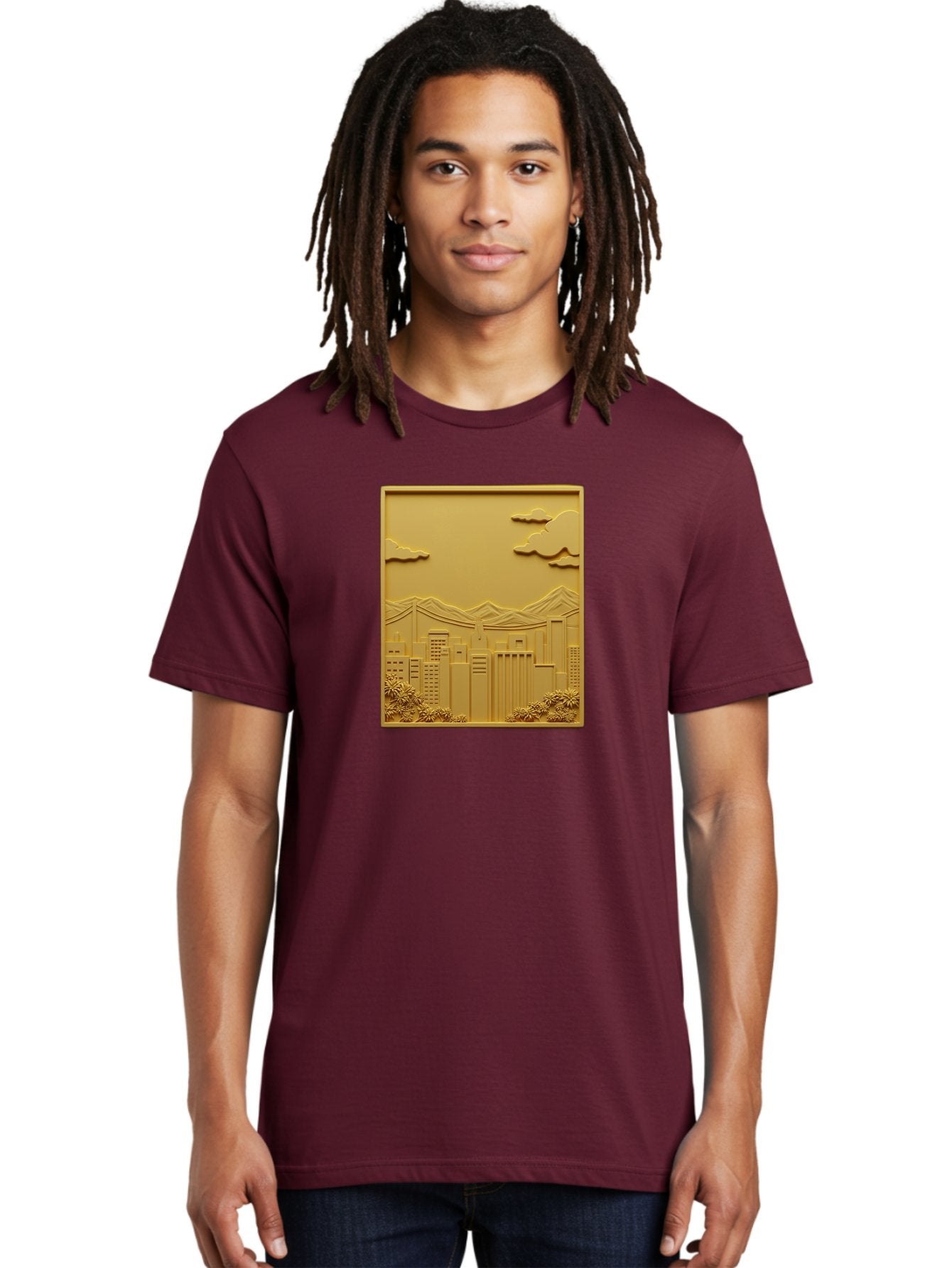Cityscape Men'S Graphic Tee, 100% Cotton, Comfortable Casual Summer Wear, Machine Washable, Cityscape, Urban Landscape, Modern Architecture, Skyscrapers, Mountains, Clouds, 3D Artwork, Decorative Panel, Gold Tone, City View, Bab760 16