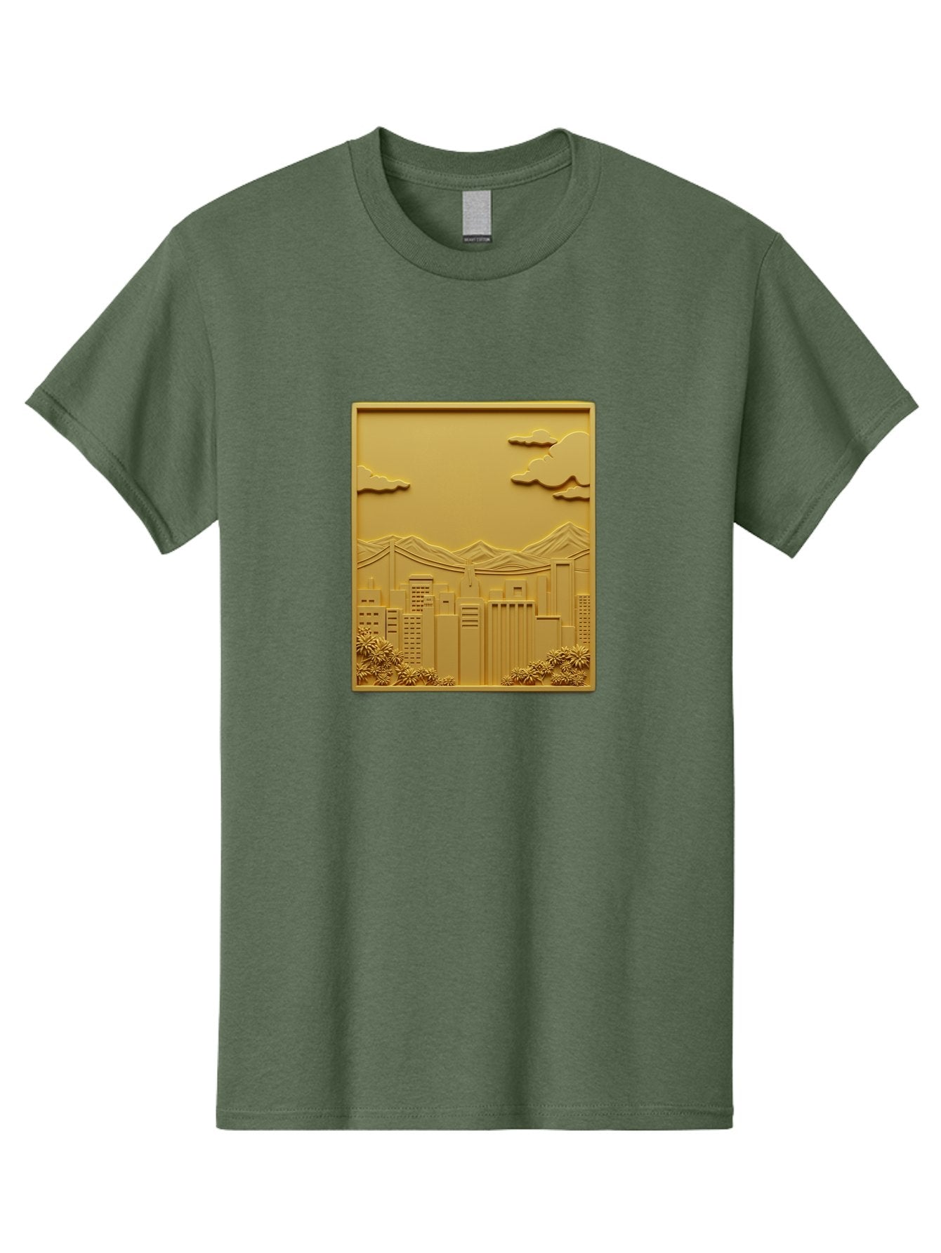 Cityscape Men'S Graphic Tee, 100% Cotton, Comfortable Casual Summer Wear, Machine Washable, Cityscape, Urban Landscape, Modern Architecture, Skyscrapers, Mountains, Clouds, 3D Artwork, Decorative Panel, Gold Tone, City View, Bab760 5