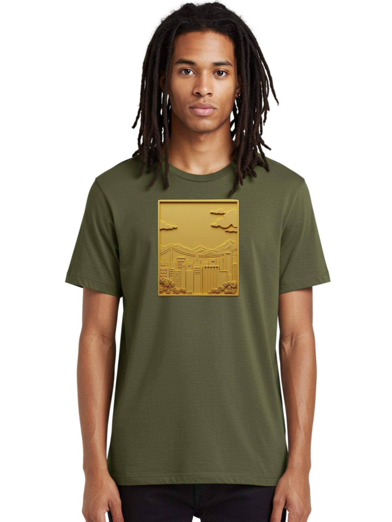 Cityscape Men'S Graphic Tee, 100% Cotton, Comfortable Casual Summer Wear, Machine Washable, Cityscape, Urban Landscape, Modern Architecture, Skyscrapers, Mountains, Clouds, 3D Artwork, Decorative Panel, Gold Tone, City View, Bab760 23