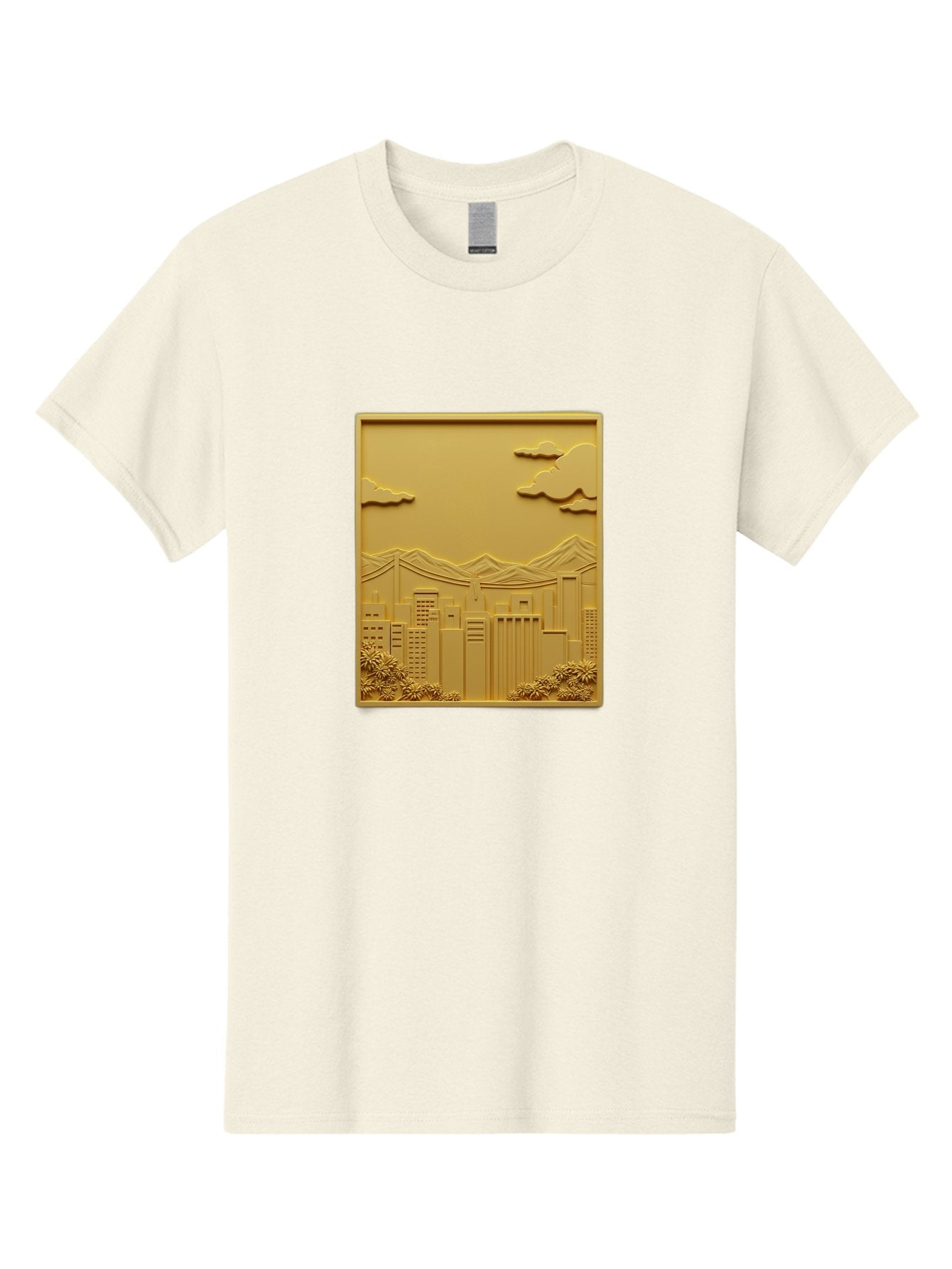 Cityscape Men'S Graphic Tee, 100% Cotton, Comfortable Casual Summer Wear, Machine Washable, Cityscape, Urban Landscape, Modern Architecture, Skyscrapers, Mountains, Clouds, 3D Artwork, Decorative Panel, Gold Tone, City View, Bab760
