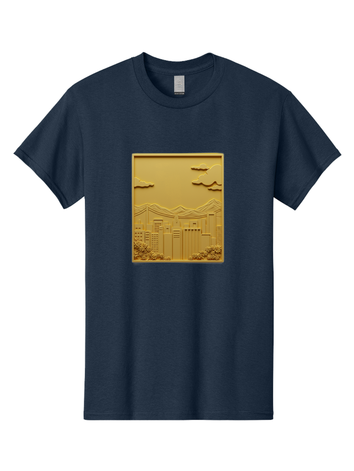 Cityscape Men'S Graphic Tee, 100% Cotton, Comfortable Casual Summer Wear, Machine Washable, Cityscape, Urban Landscape, Modern Architecture, Skyscrapers, Mountains, Clouds, 3D Artwork, Decorative Panel, Gold Tone, City View, Bab760
