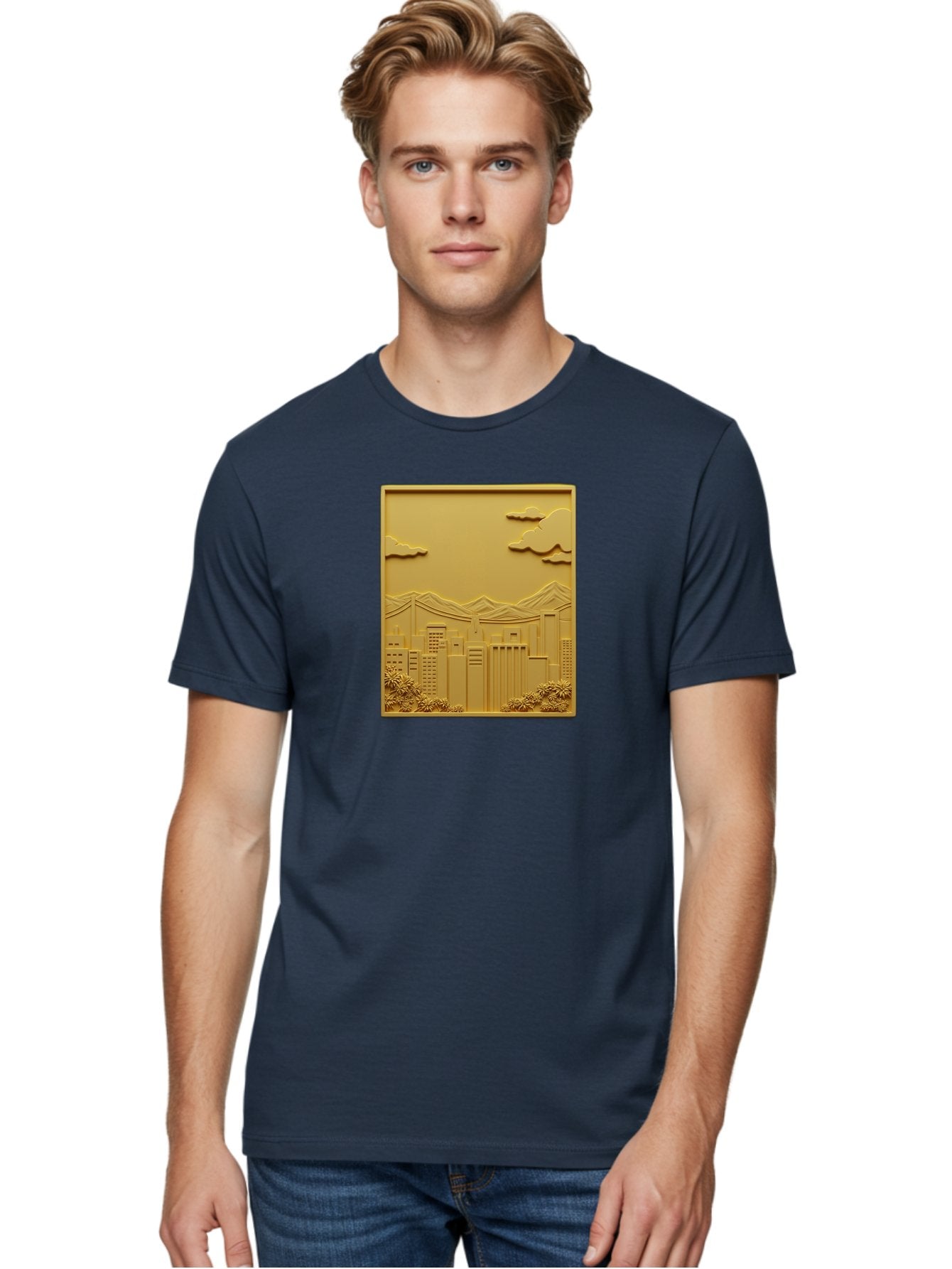 Cityscape Men'S Graphic Tee, 100% Cotton, Comfortable Casual Summer Wear, Machine Washable, Cityscape, Urban Landscape, Modern Architecture, Skyscrapers, Mountains, Clouds, 3D Artwork, Decorative Panel, Gold Tone, City View, Bab760 30