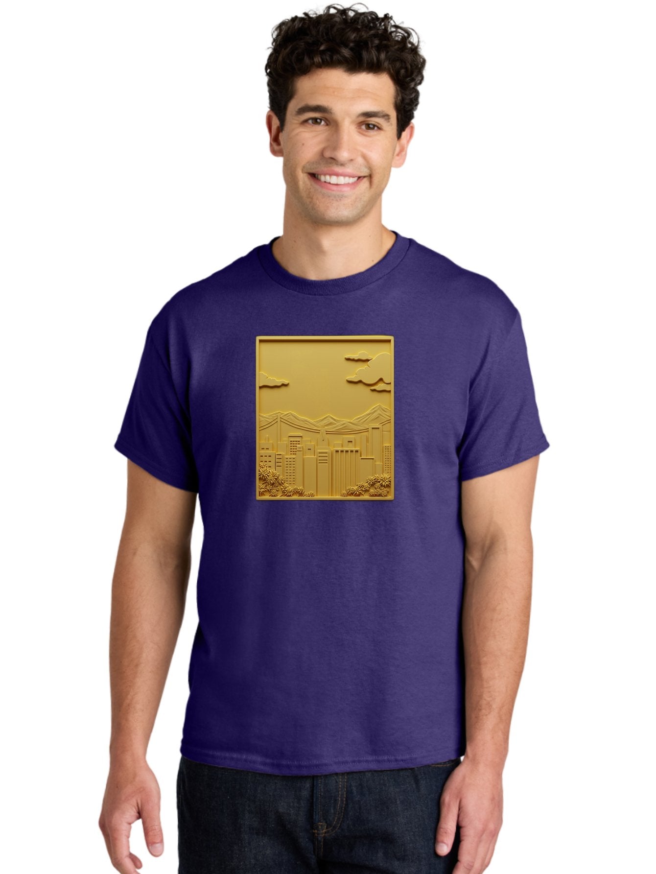 Cityscape Men'S Graphic Tee, 100% Cotton, Comfortable Casual Summer Wear, Machine Washable, Cityscape, Urban Landscape, Modern Architecture, Skyscrapers, Mountains, Clouds, 3D Artwork, Decorative Panel, Gold Tone, City View, Bab760 20