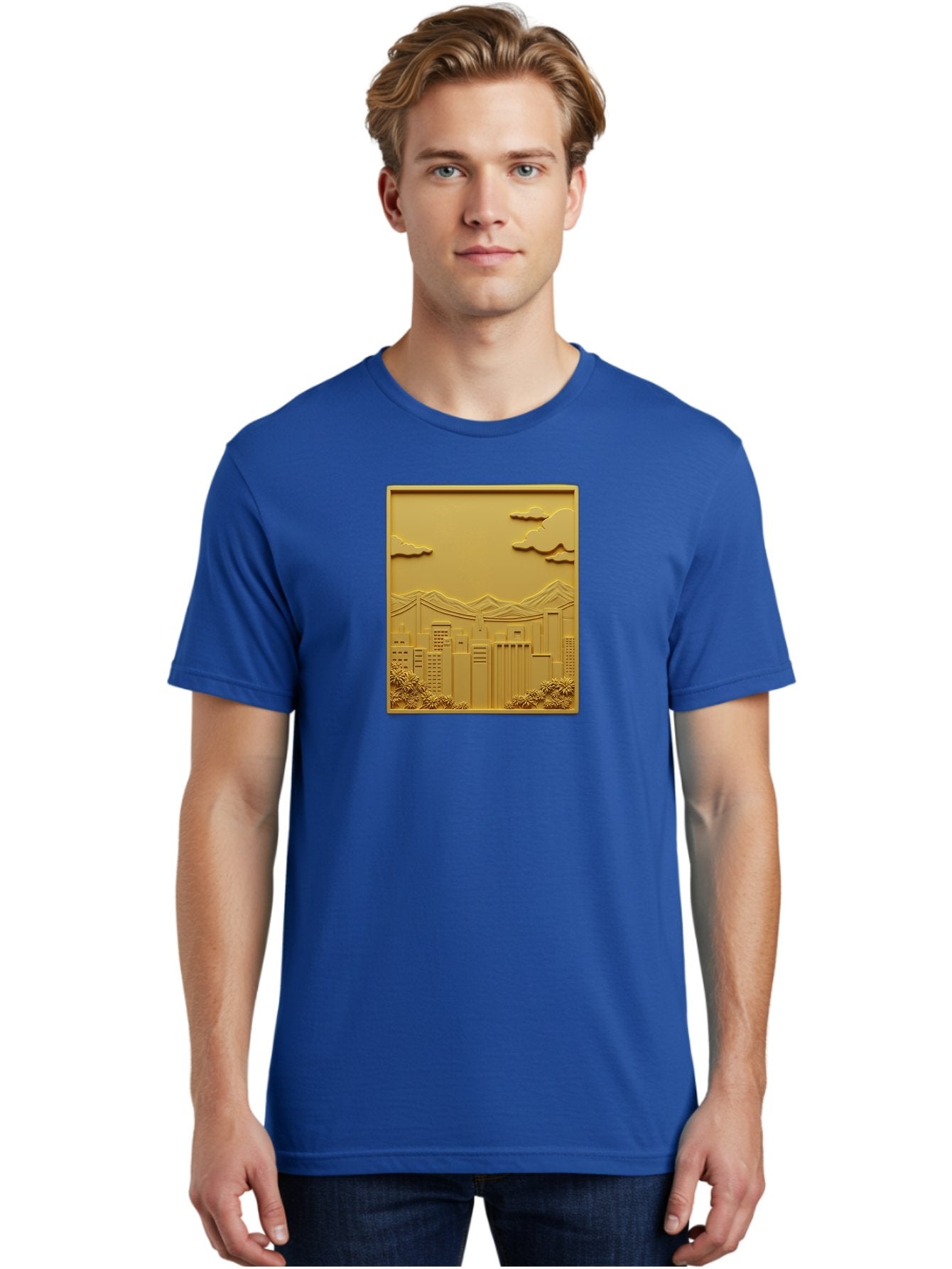 Cityscape Men'S Graphic Tee, 100% Cotton, Comfortable Casual Summer Wear, Machine Washable, Cityscape, Urban Landscape, Modern Architecture, Skyscrapers, Mountains, Clouds, 3D Artwork, Decorative Panel, Gold Tone, City View, Bab760 26