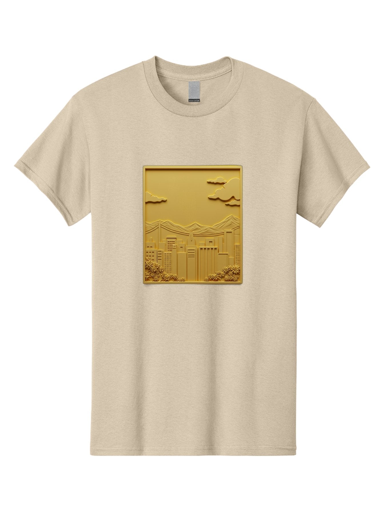 Cityscape Men'S Graphic Tee, 100% Cotton, Comfortable Casual Summer Wear, Machine Washable, Cityscape, Urban Landscape, Modern Architecture, Skyscrapers, Mountains, Clouds, 3D Artwork, Decorative Panel, Gold Tone, City View, Bab760